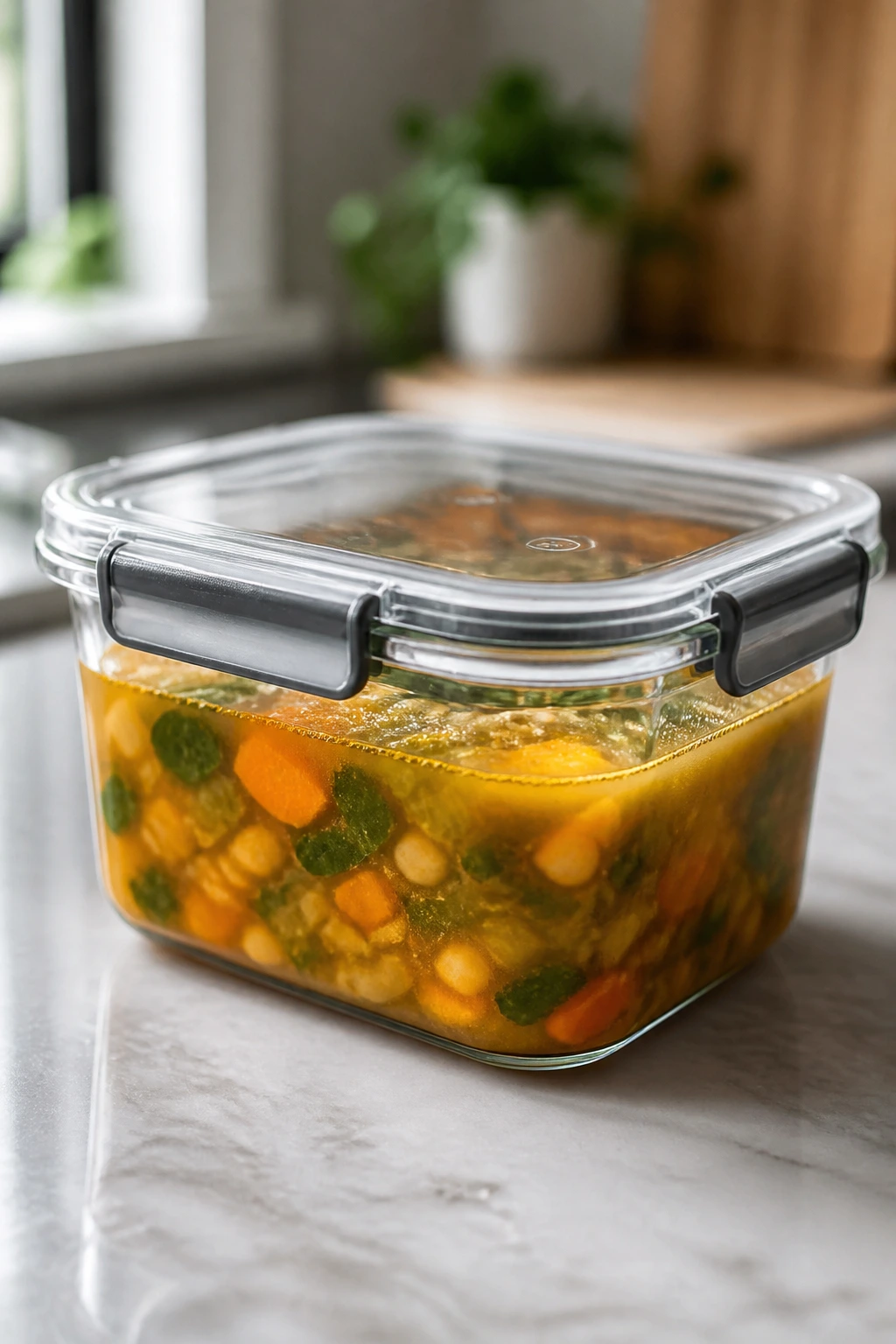 Airtight glass storage container with soup on countertop