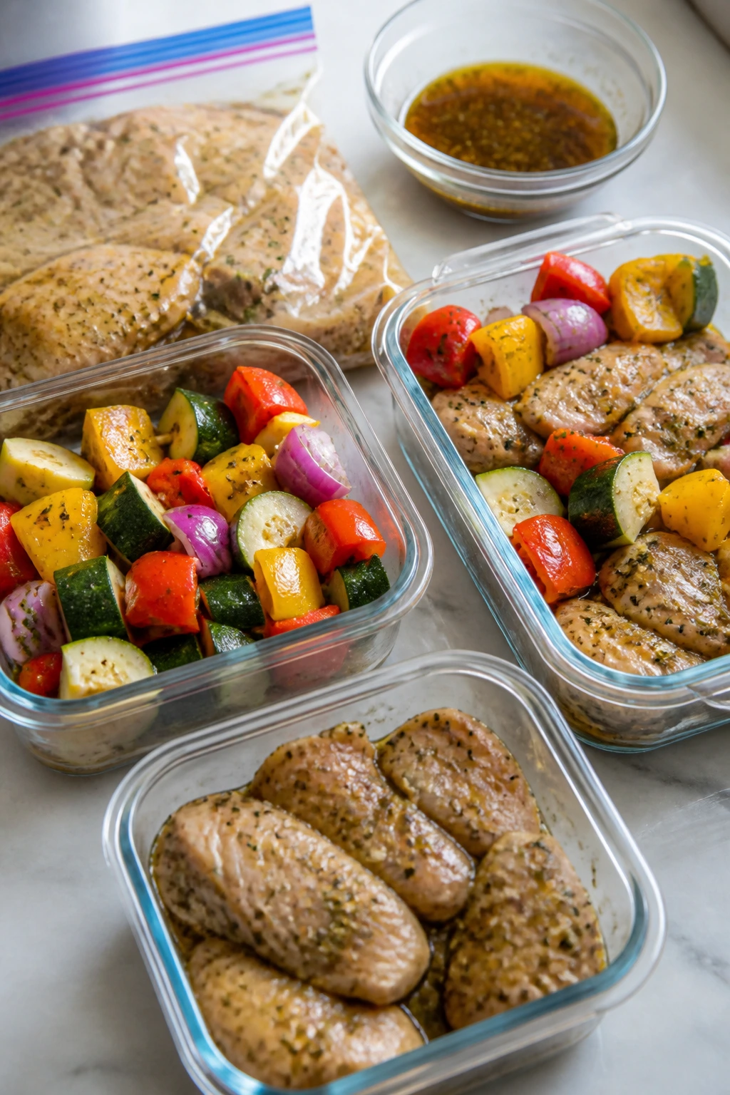 Glass storage containers with marinated chicken and vegetables on counter