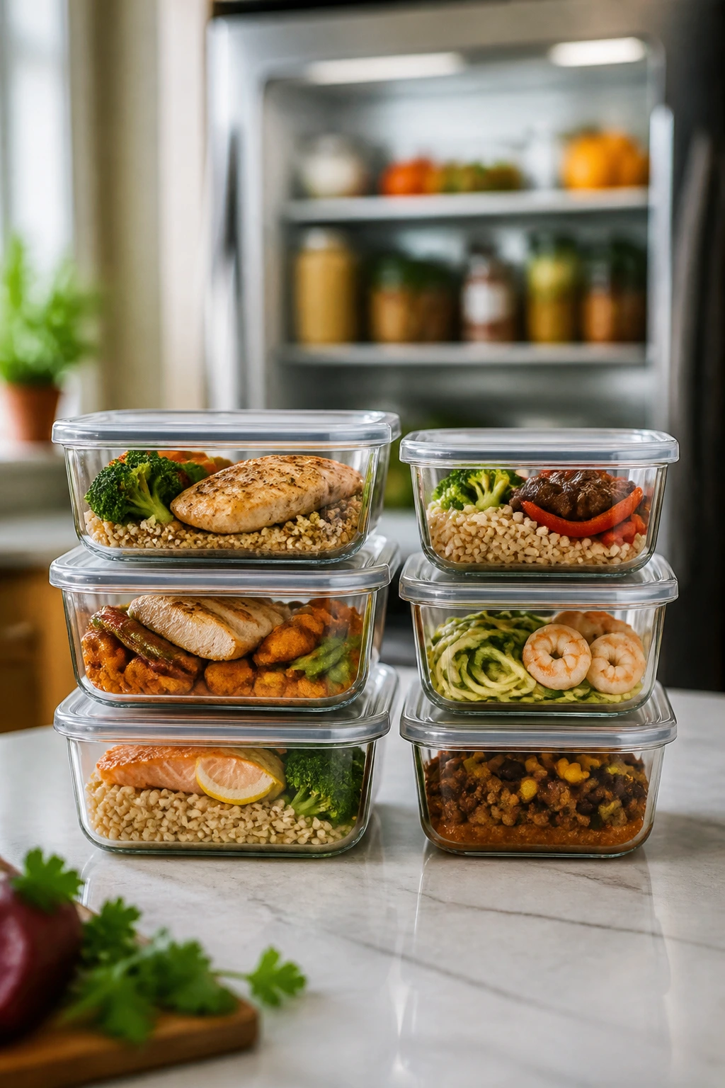 Airtight storage containers with ready-to-reheat meals