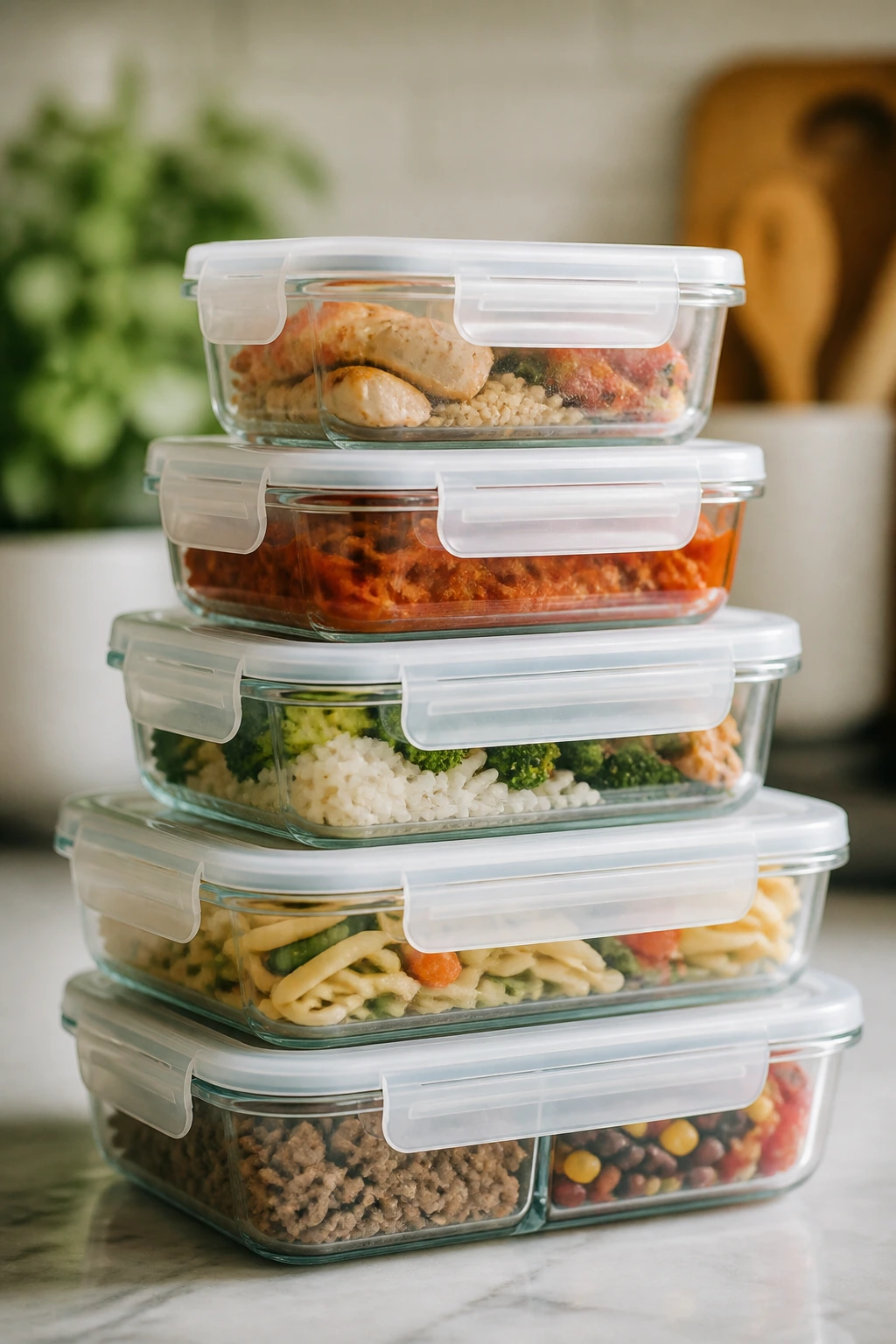 Stacked glass storage containers on kitchen counter.