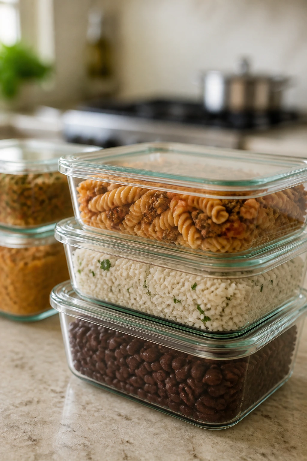 A row of glass containers filled with pasta, rice, and beans for make-ahead storage