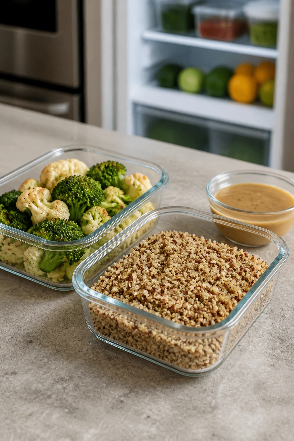 Glass containers with quinoa and roasted vegetables for make-ahead storage