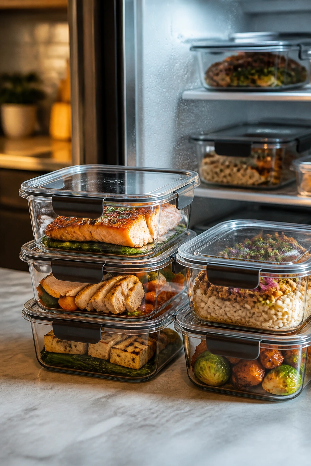 Glass containers with prepared meals ready for make-ahead storage.