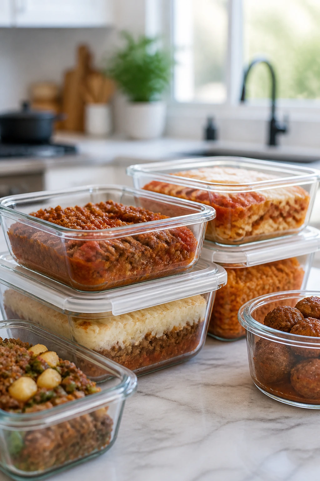 Glass storage containers with beef meals on a counter