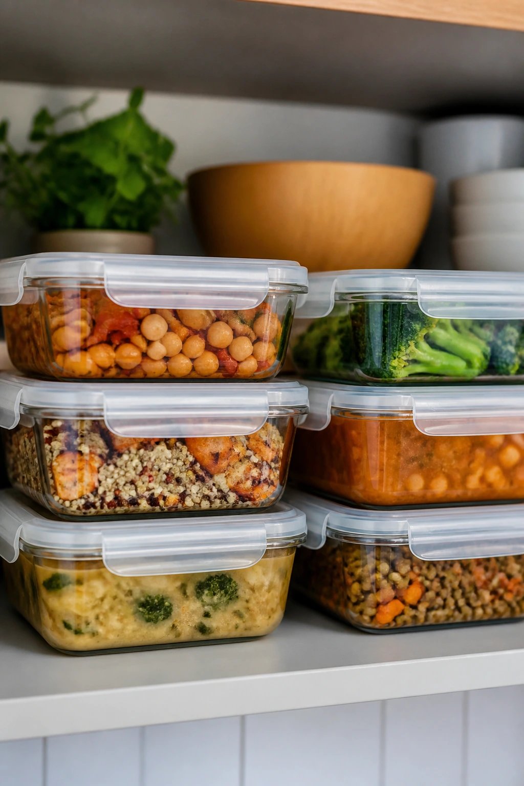 Airtight glass storage containers filled with prepped ingredients in a kitchen.