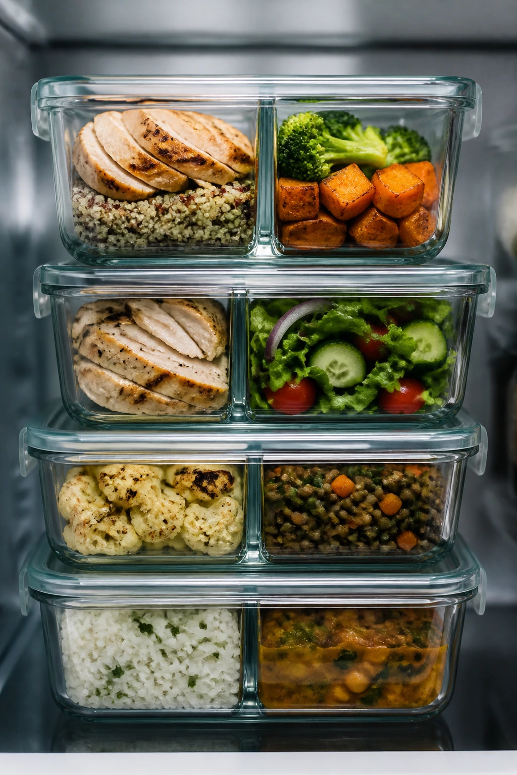 Stacked glass meal-prep containers with layered ingredients for make-ahead meals on a fridge shelf.