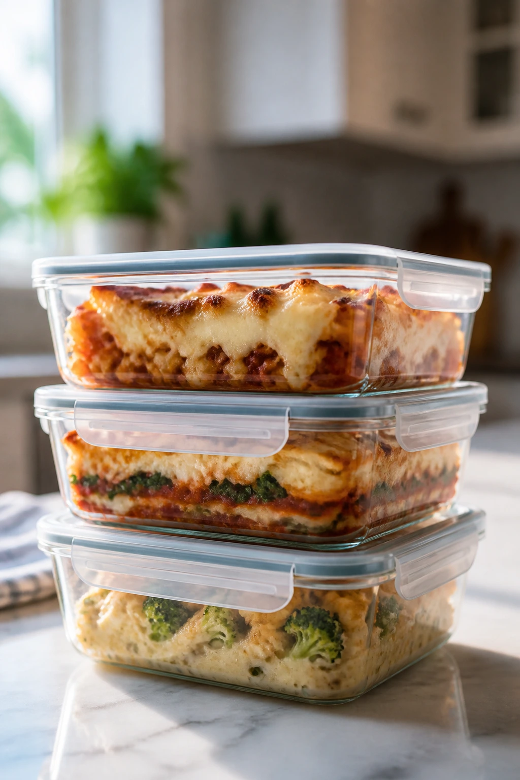 Stacked glass storage containers with layered casseroles in a kitchen