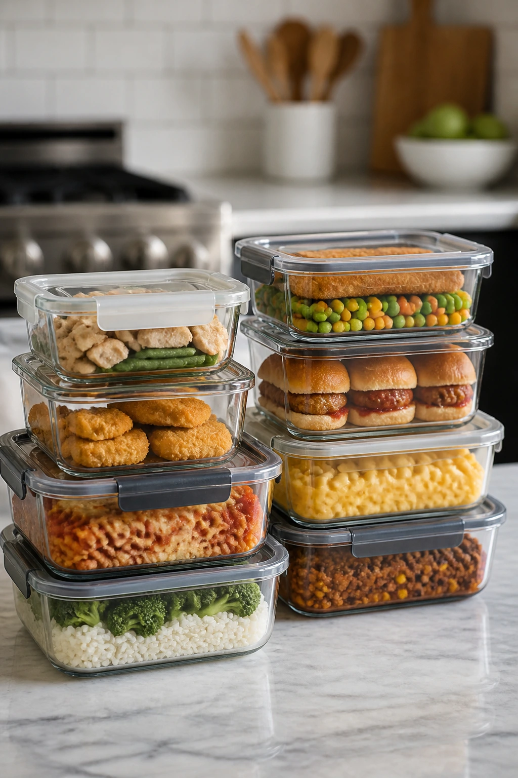 Glass meal containers filled with prepared dinners on counter