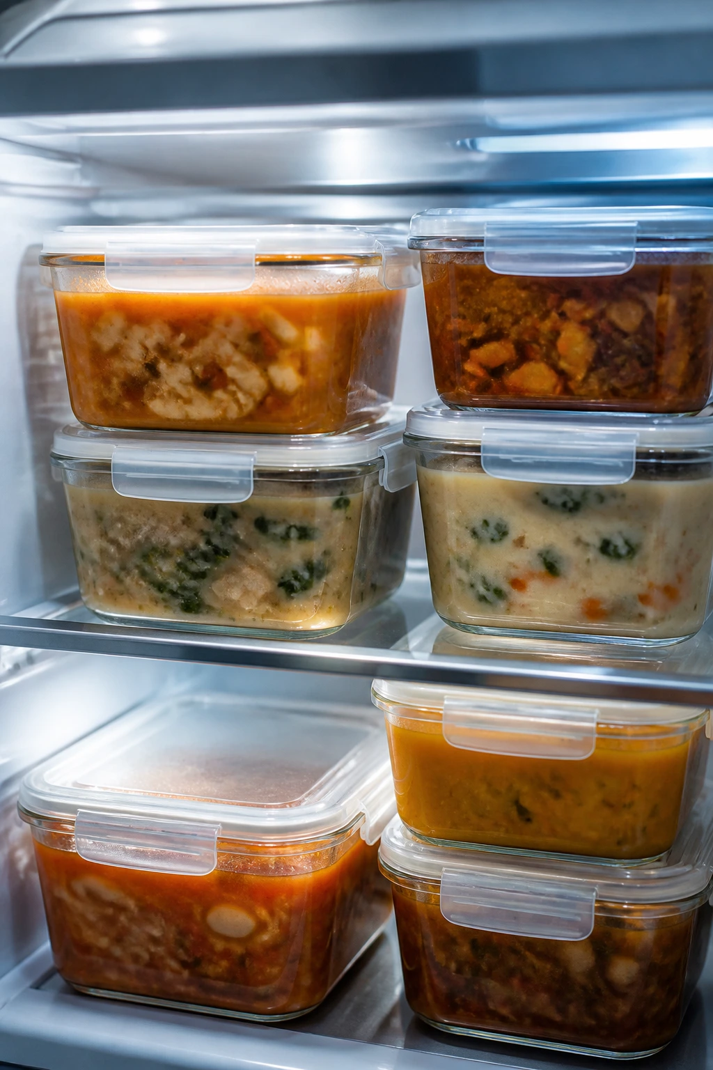 Glass storage containers with soup in a fridge-ready arrangement