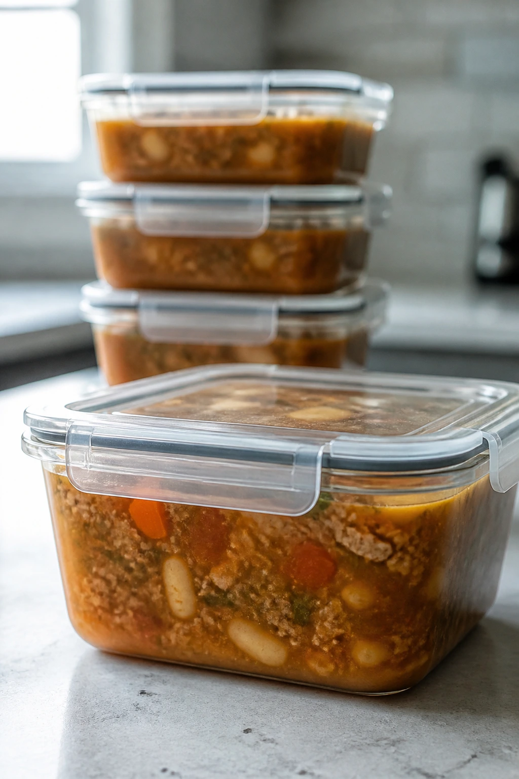 Glass storage container filled with soup on a counter