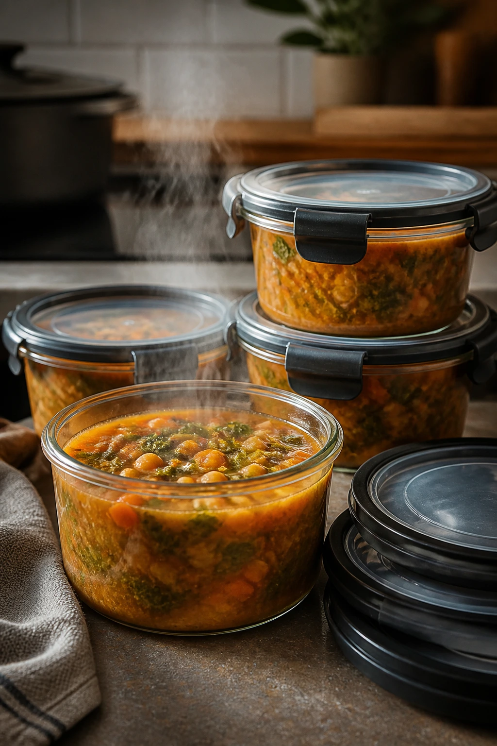 Row of airtight soup storage containers on a counter, ready for make-ahead meals