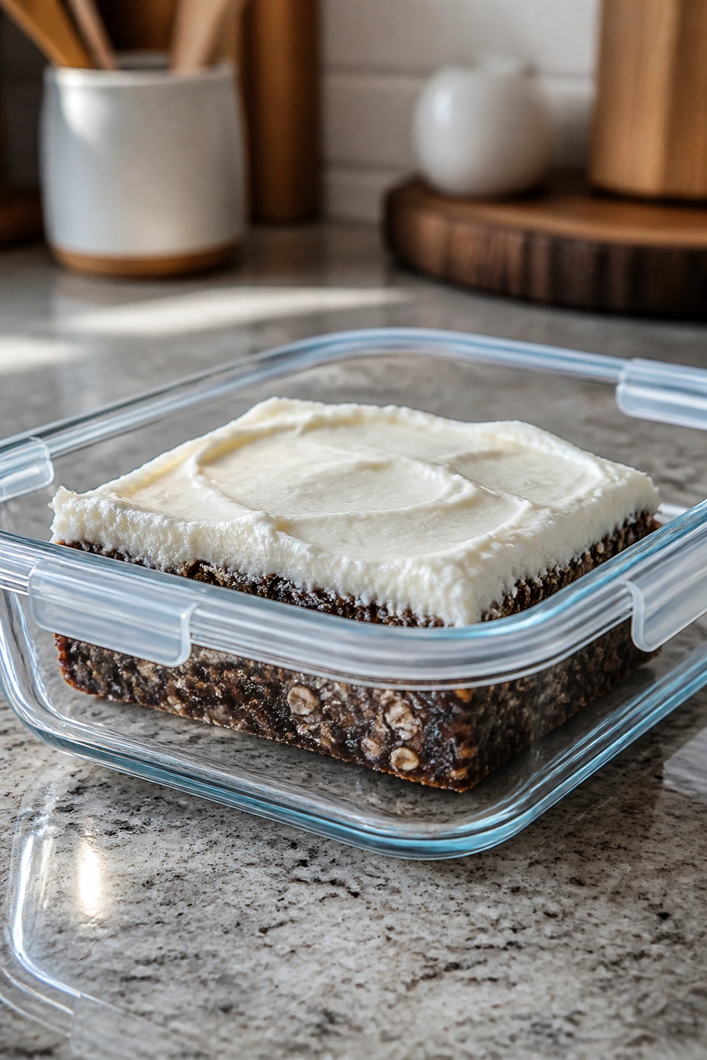 Single bar in an airtight glass container on a kitchen counter