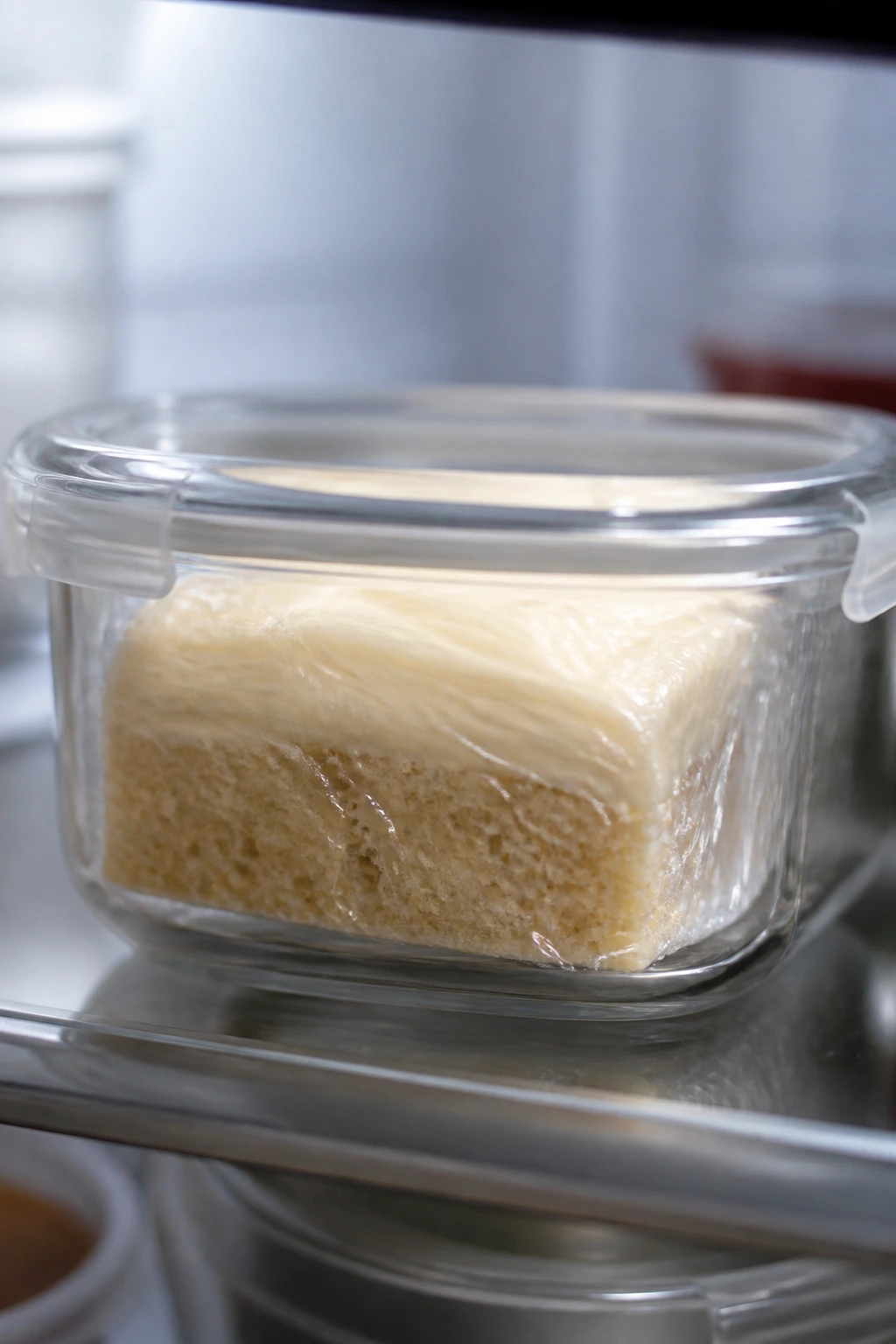 Sugar cookie bar wrapped in plastic wrap inside a storage container.