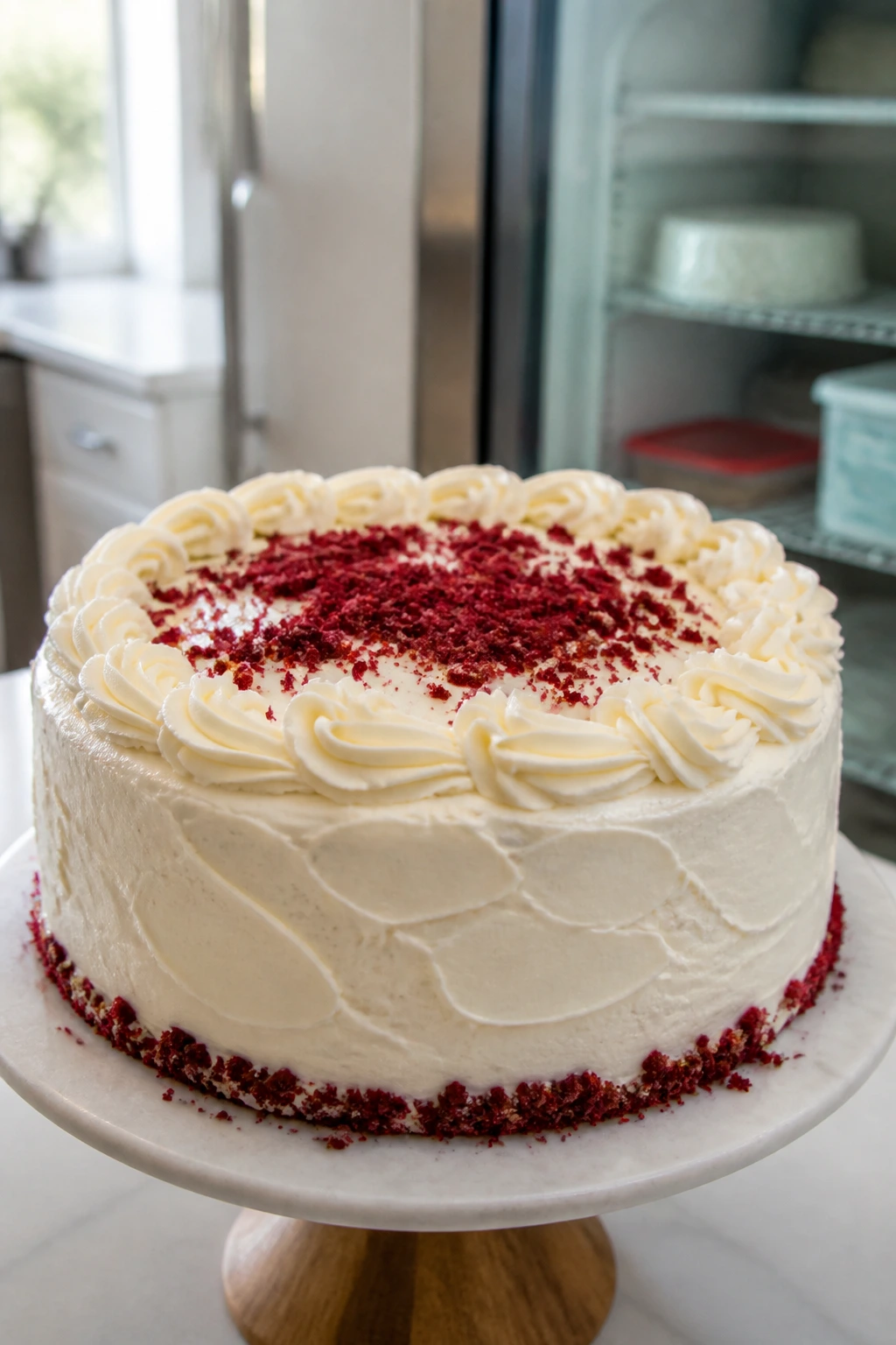 Frosted red velvet cake on cake stand in kitchen for storage and freezing