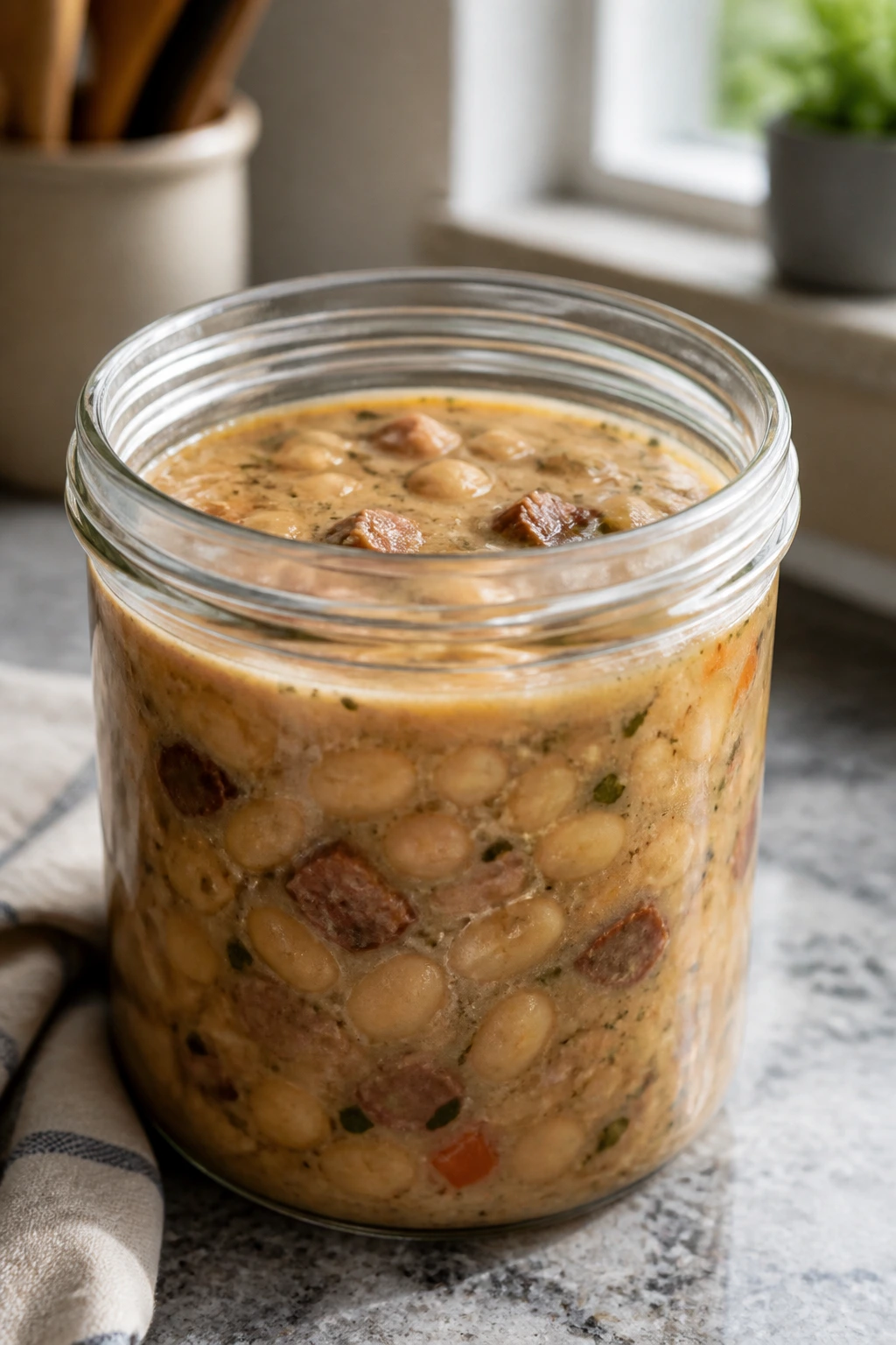 Glass jar of creamy soup for storing and reheating