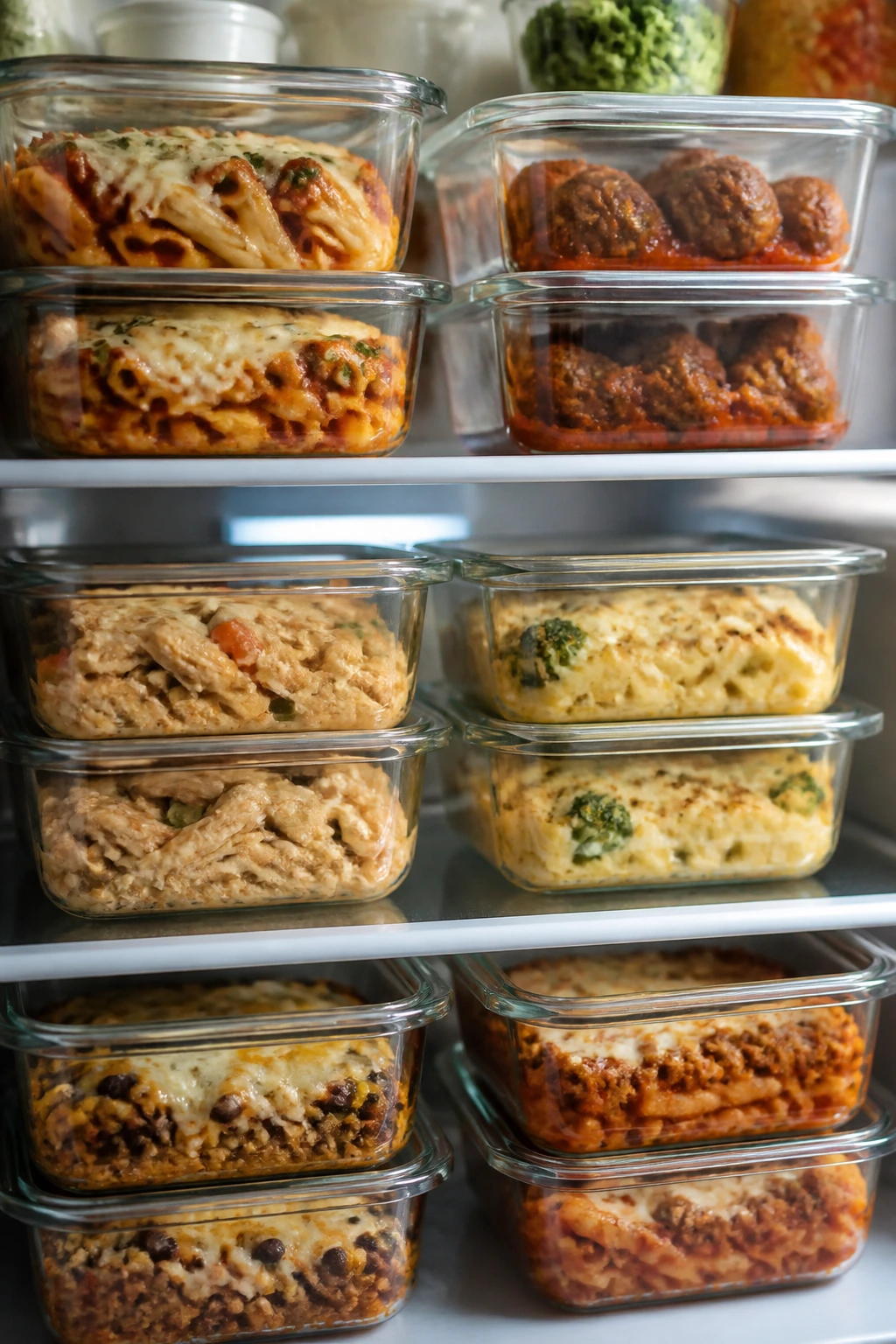 Glass containers with prepared meals on a kitchen shelf