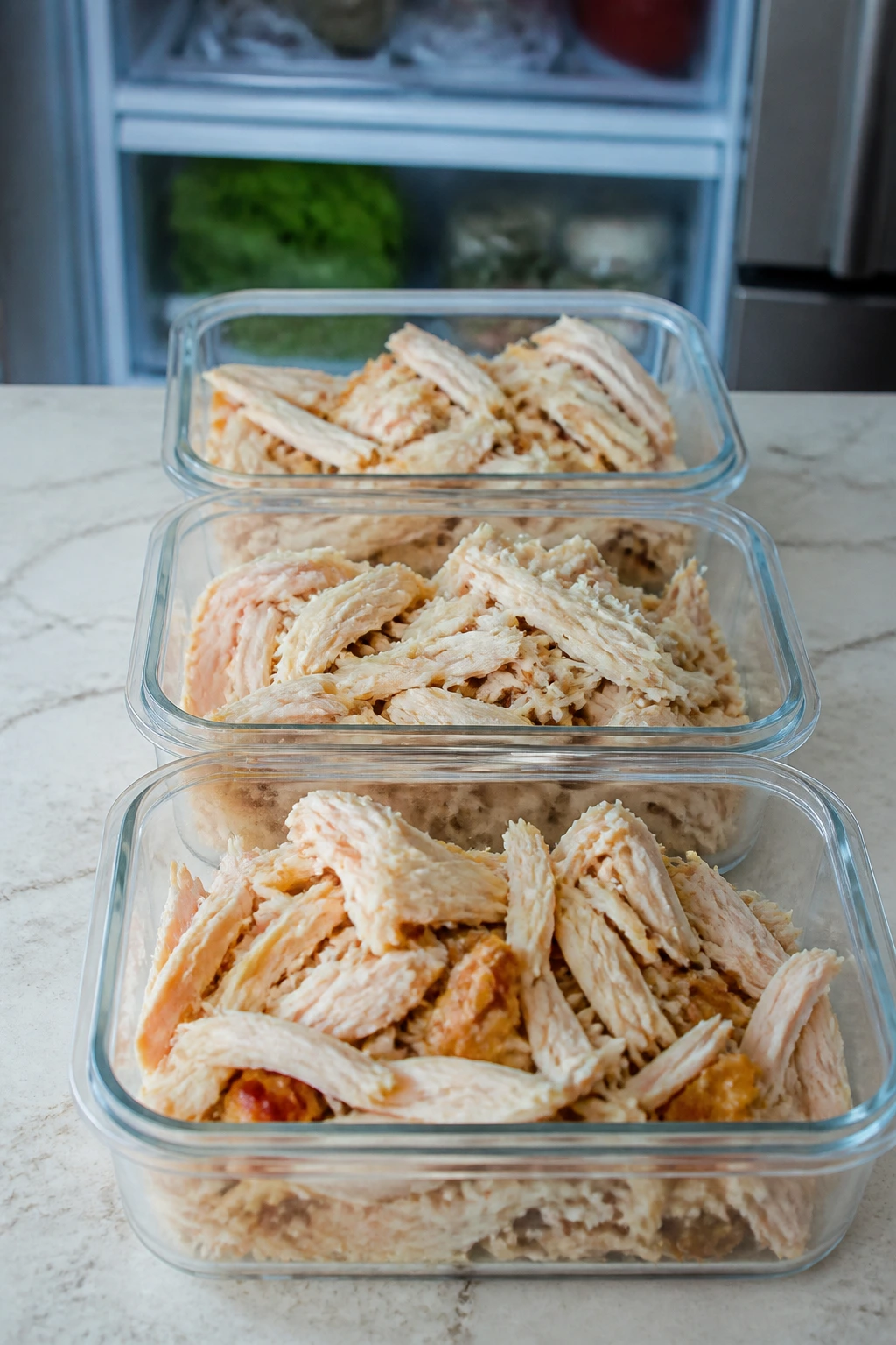 Shredded chicken in clear containers on a kitchen counter