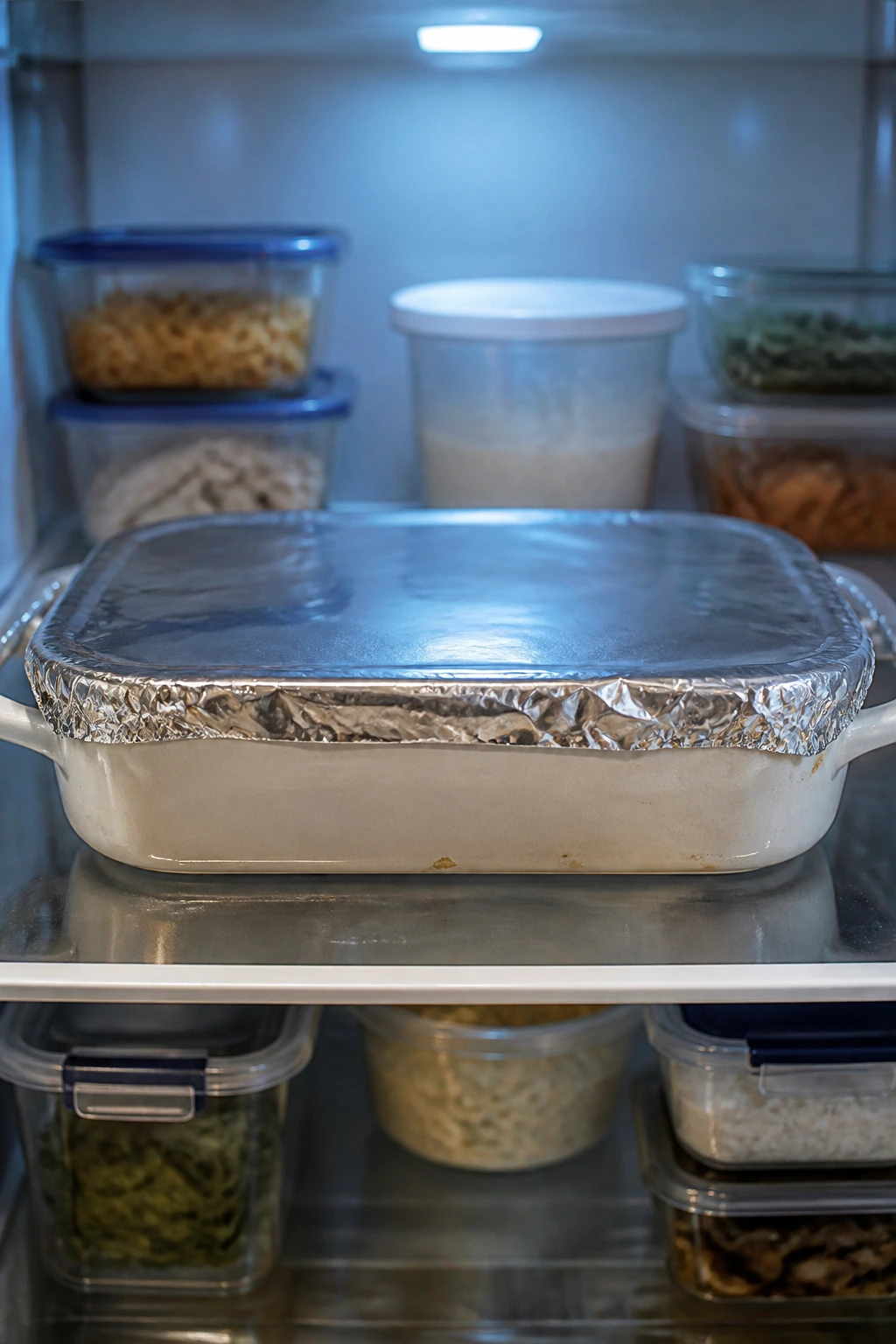 Casserole dish tightly wrapped in foil in the fridge for make-ahead storage