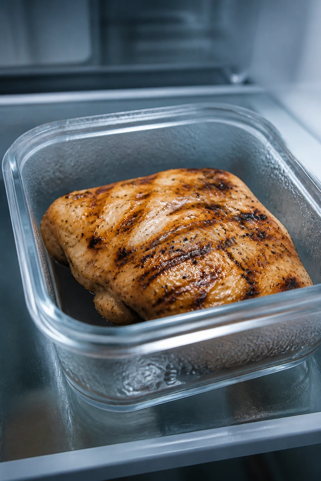 Close-up of grilled chicken breast in a shallow storage container inside a fridge