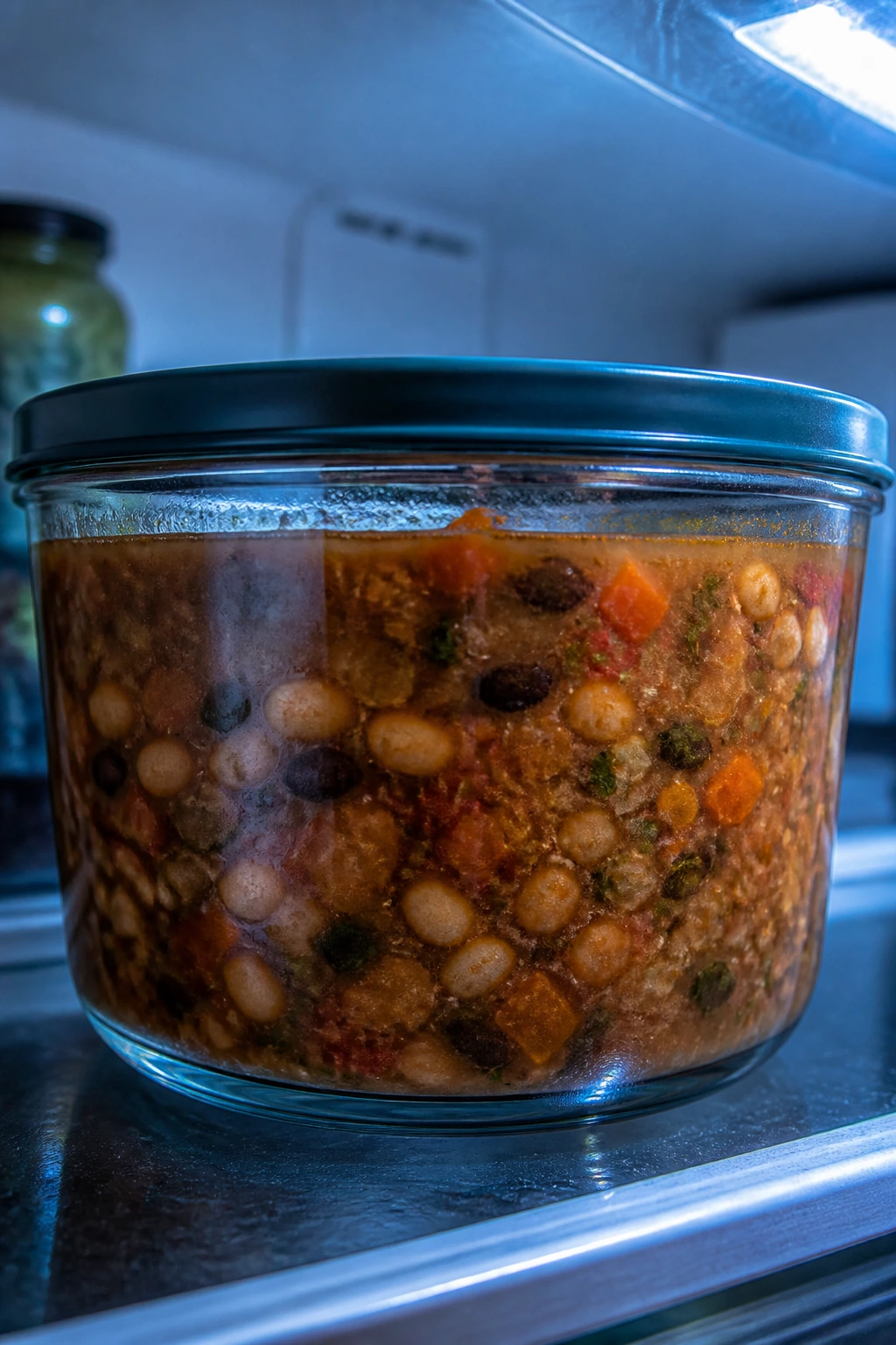 Glass storage jar of bean soup inside a refrigerator with cool light