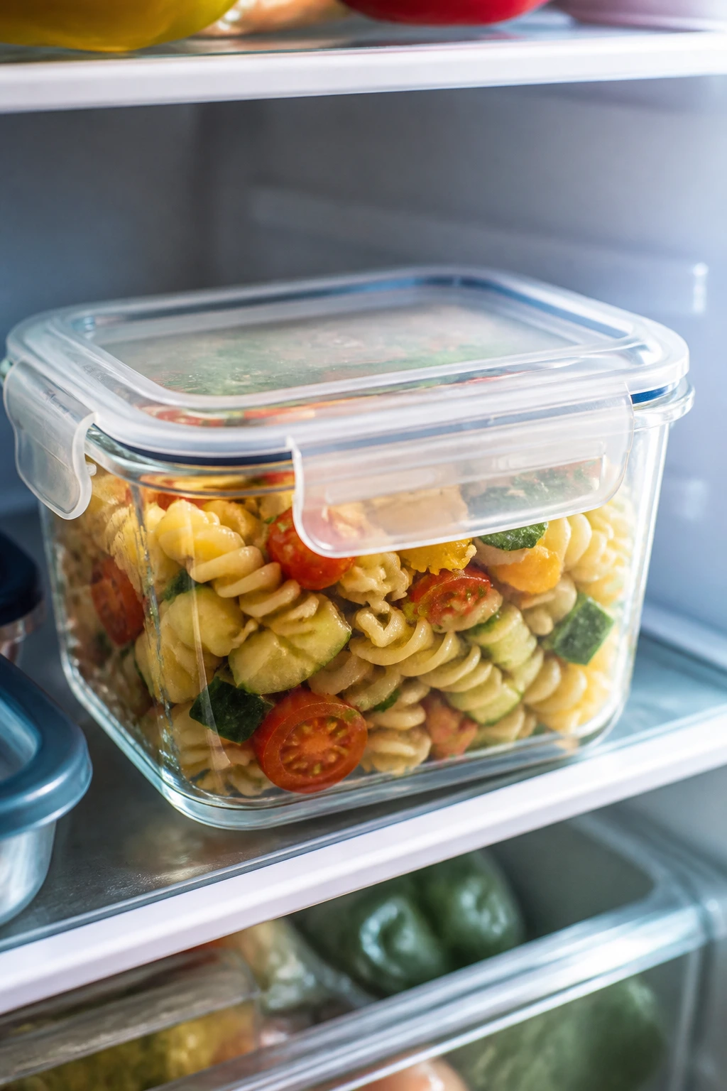 A transparent airtight container of pasta and veggies inside a fridge