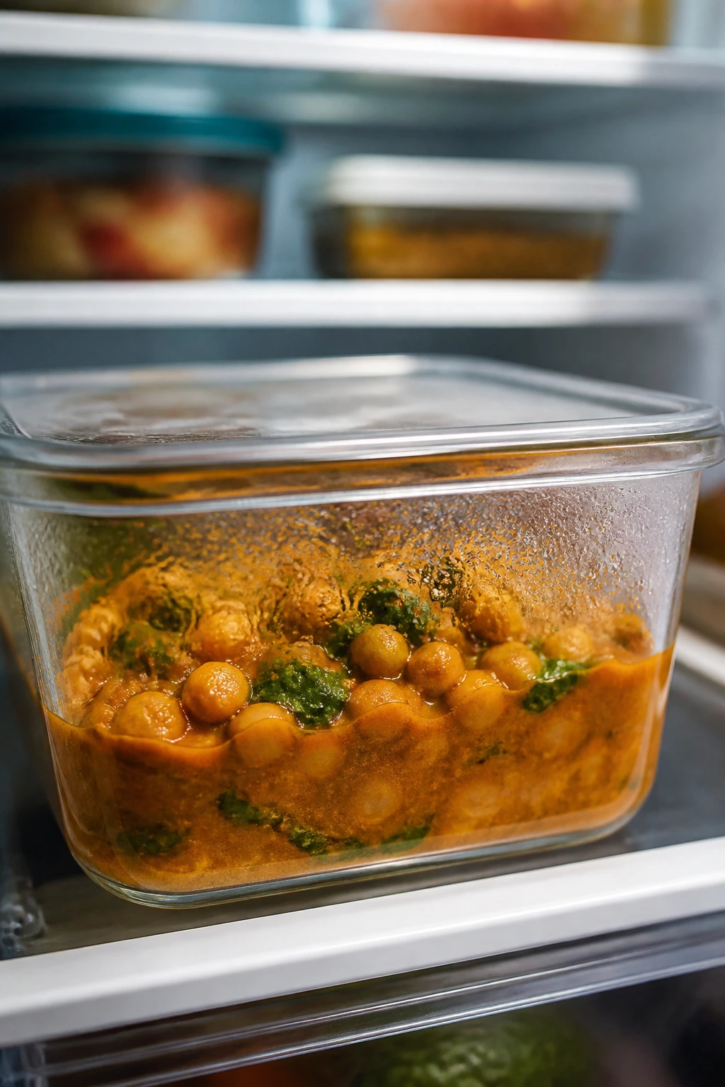 Glass storage container with curry in fridge, condensation on glass