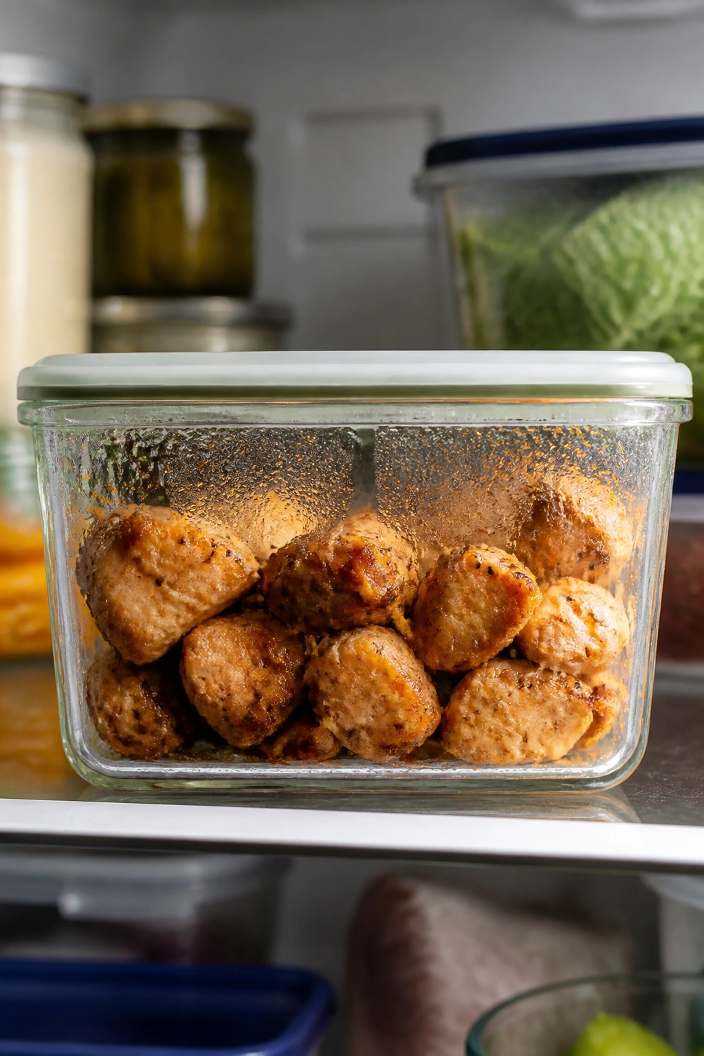 Glass container of roasted chicken bites stored in the fridge.
