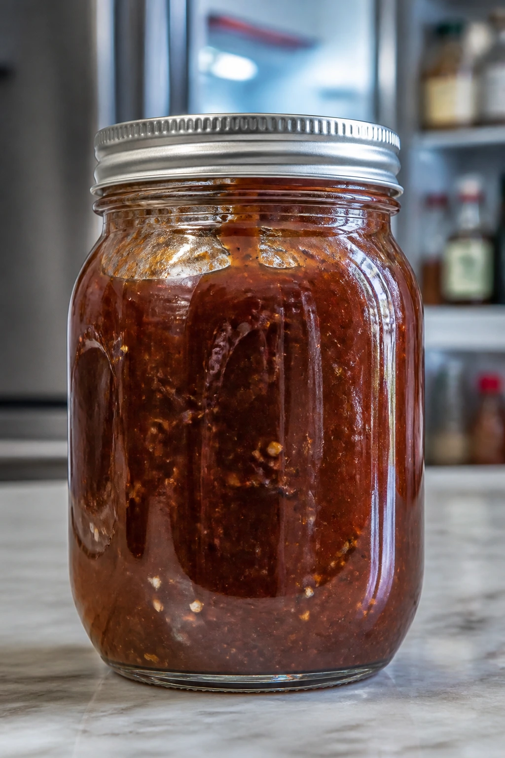 Sealed glass jar of BBQ sauce on a kitchen counter ready for storage