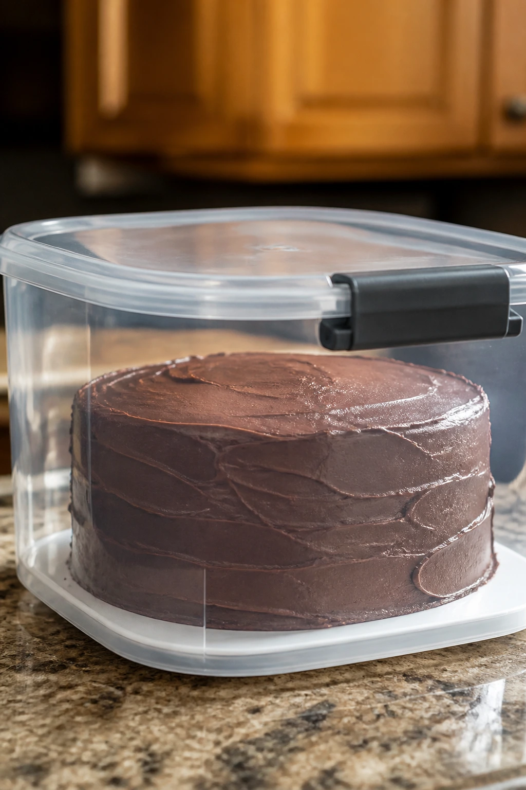 Fully frosted chocolate cake inside a container on a kitchen counter, illustrating storage guidelines