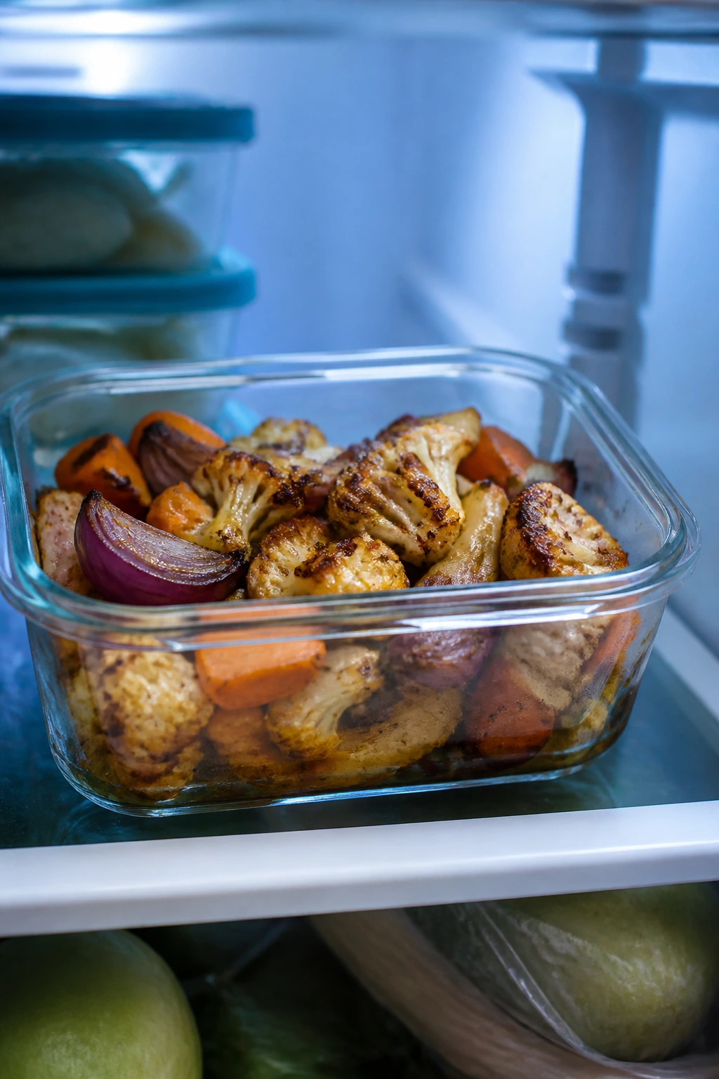 Glass storage container with caramelized vegetables in fridge