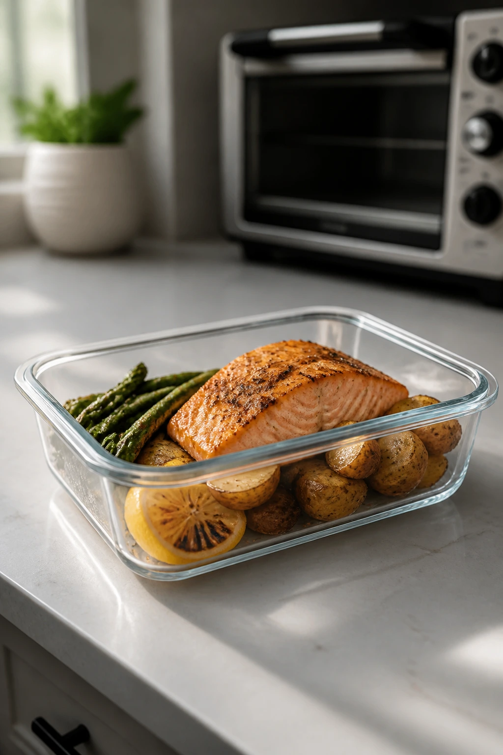 Glass storage container with meal portion on kitchen counter