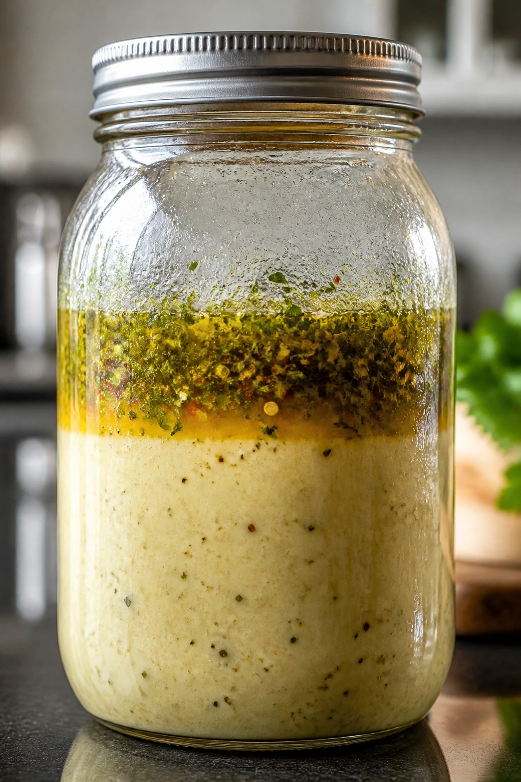 Sealed glass jar with dressing in a modern kitchen