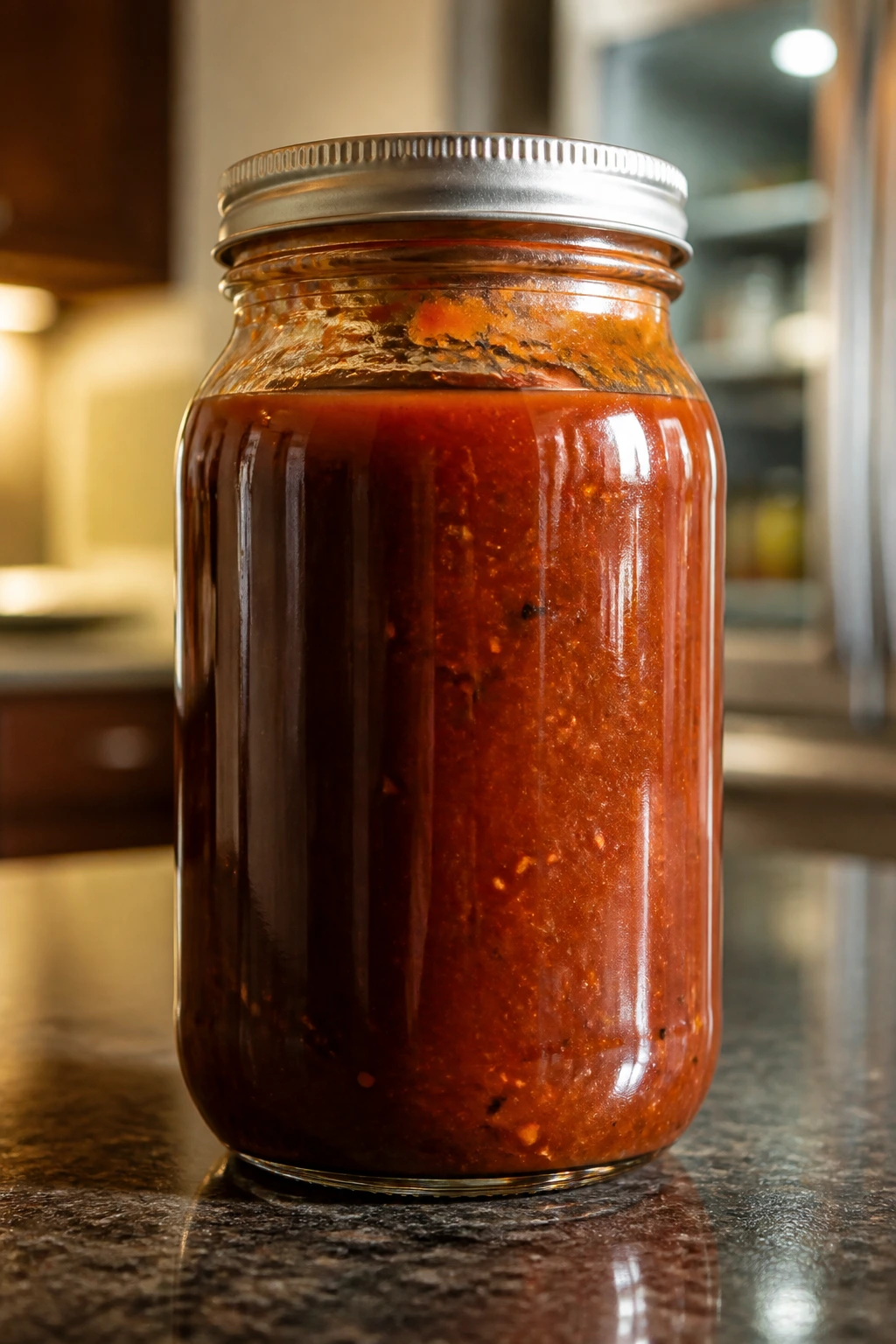 Glass jar of smoky honey BBQ sauce on a kitchen counter