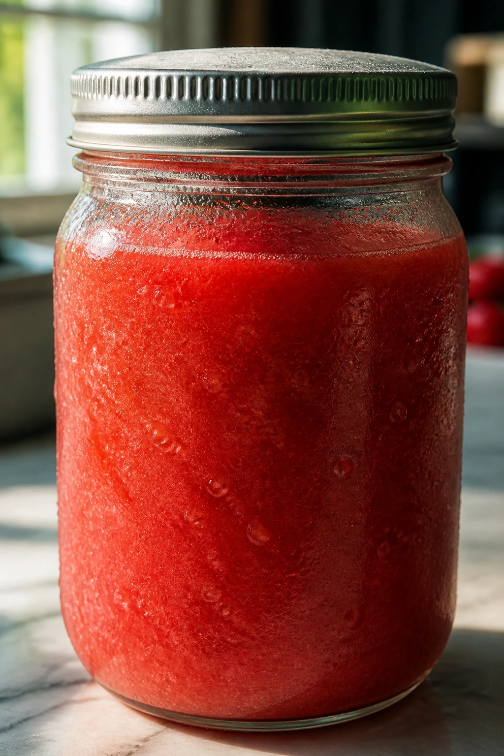 Sealed jar of red smoothie for storage on a kitchen counter