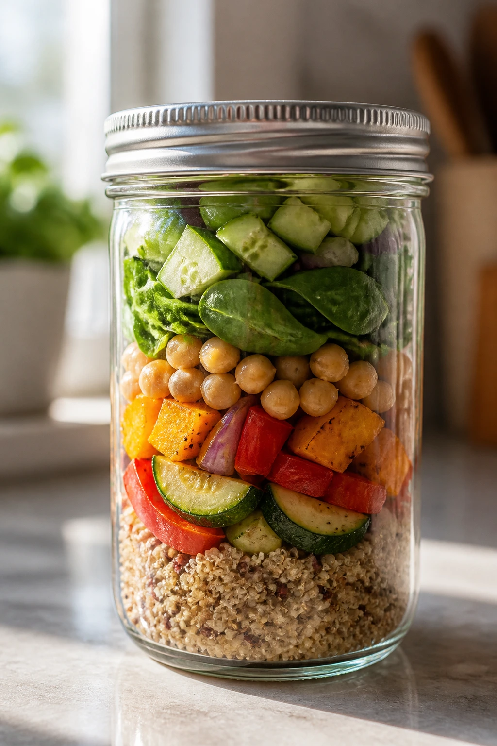 Glass jar with layered grains for make-ahead vegan picnic