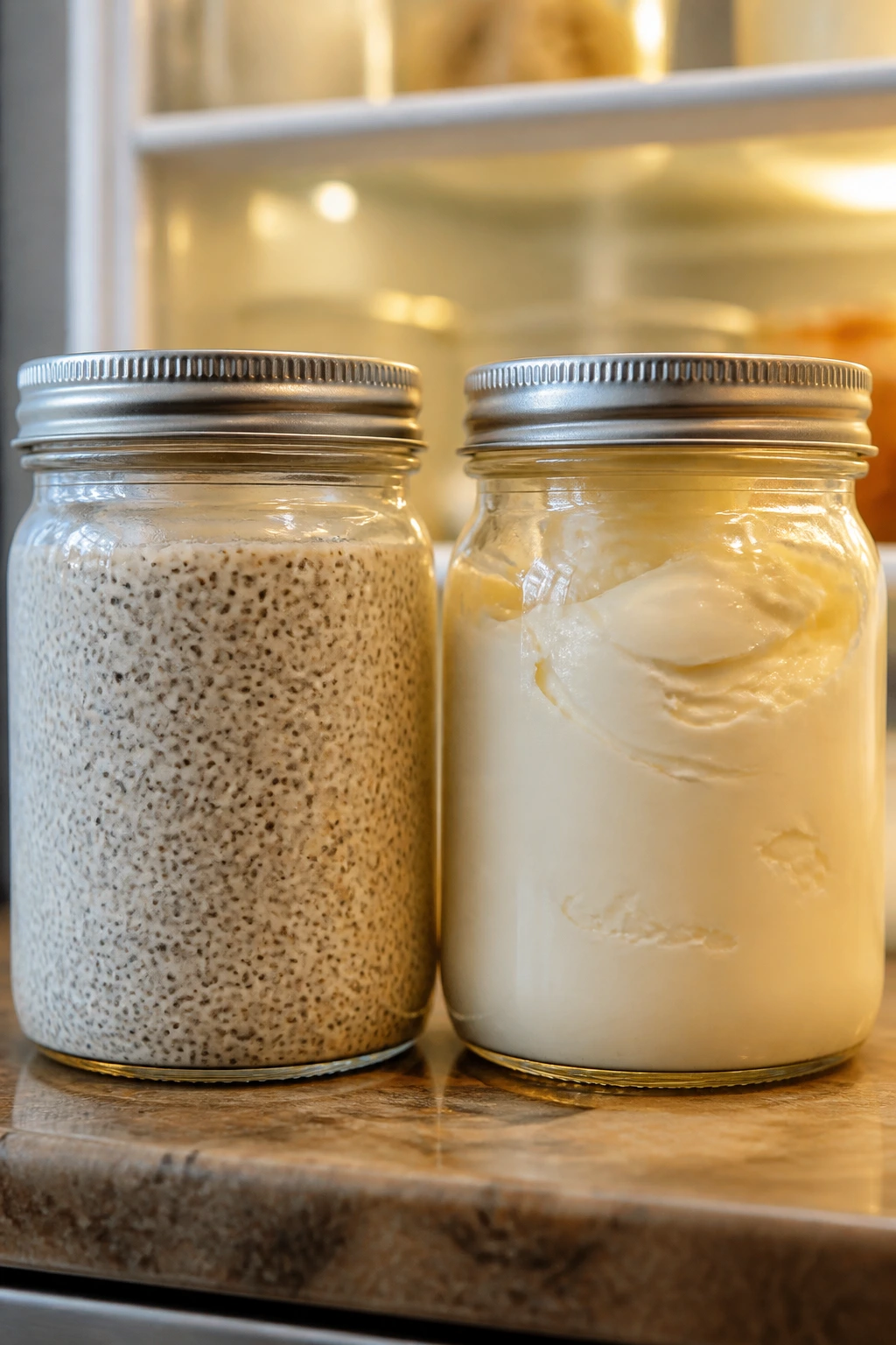 Two jars of pudding and frosting on a kitchen counter