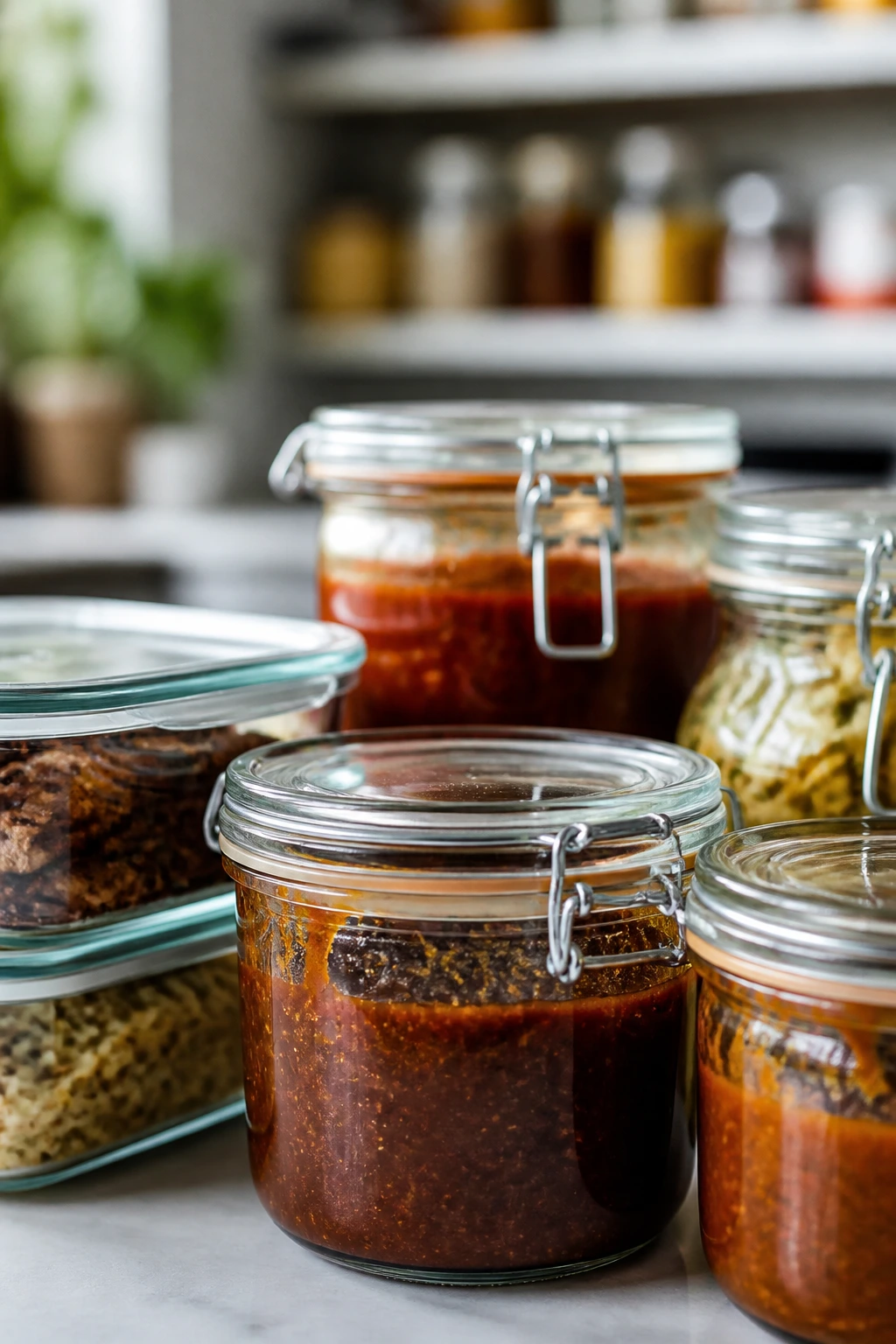 Airtight glass jars for make-ahead storage on a kitchen counter