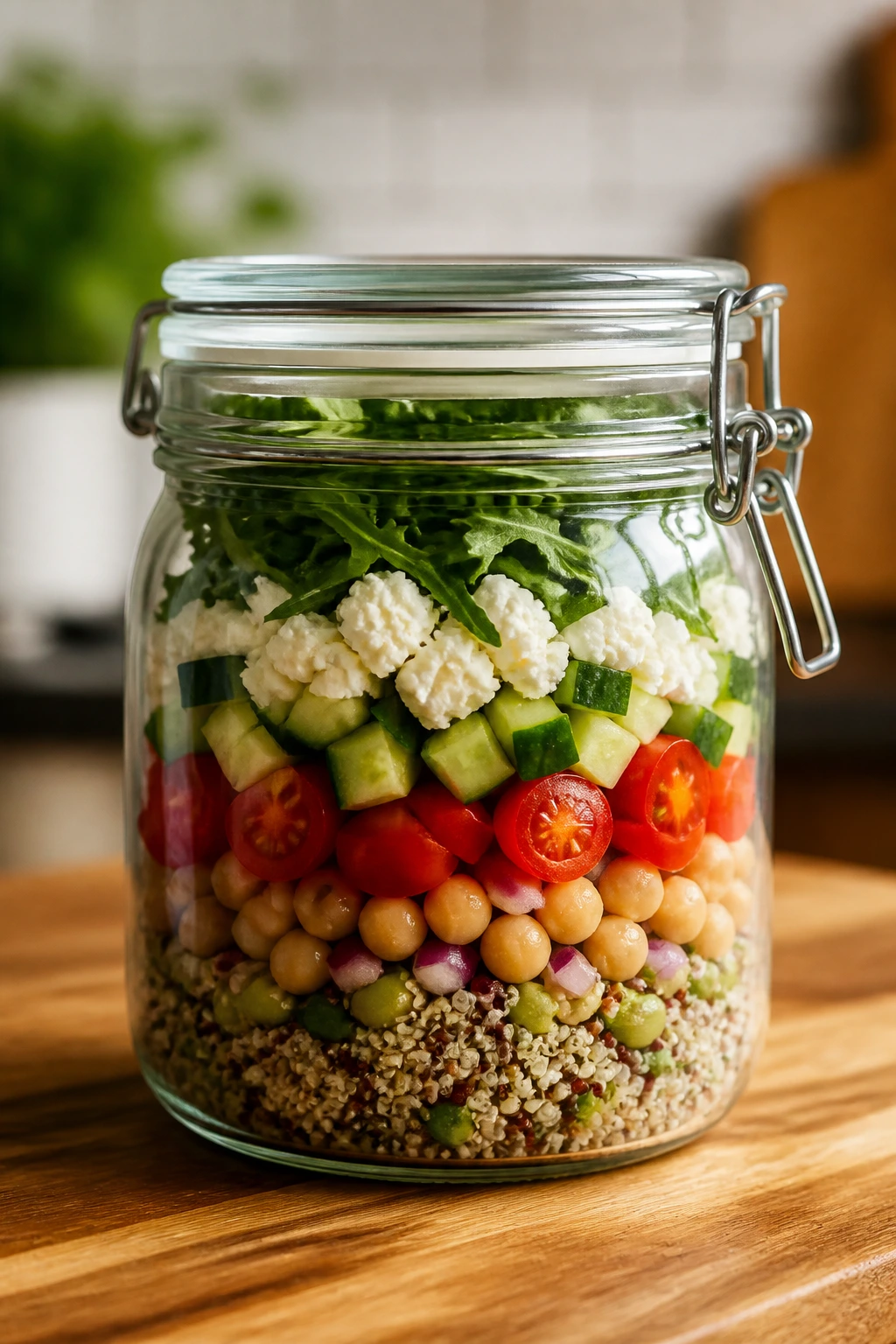 Glass jar with layered grain salad for make-ahead storage