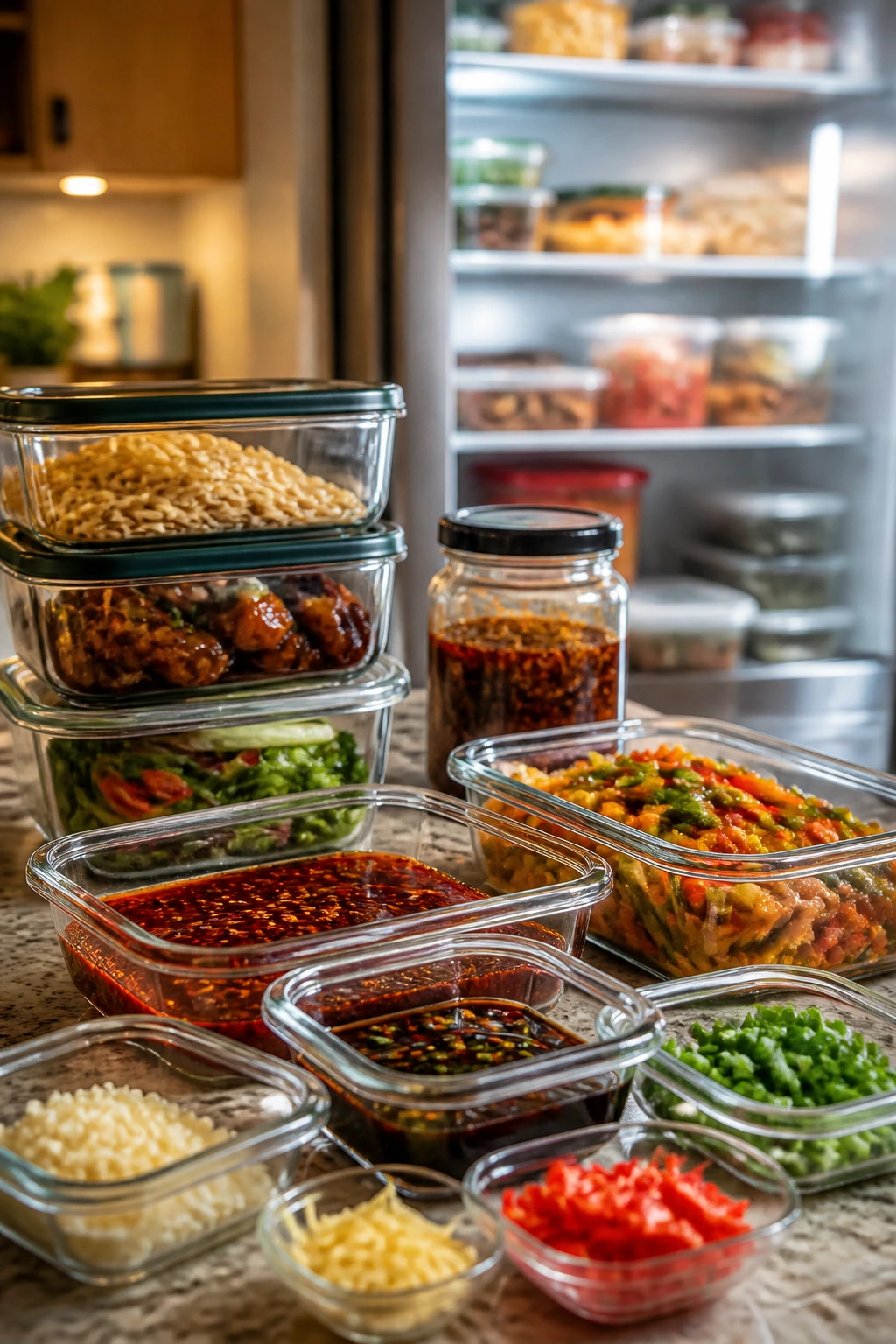 Glass storage containers with colorful sauces on a kitchen counter