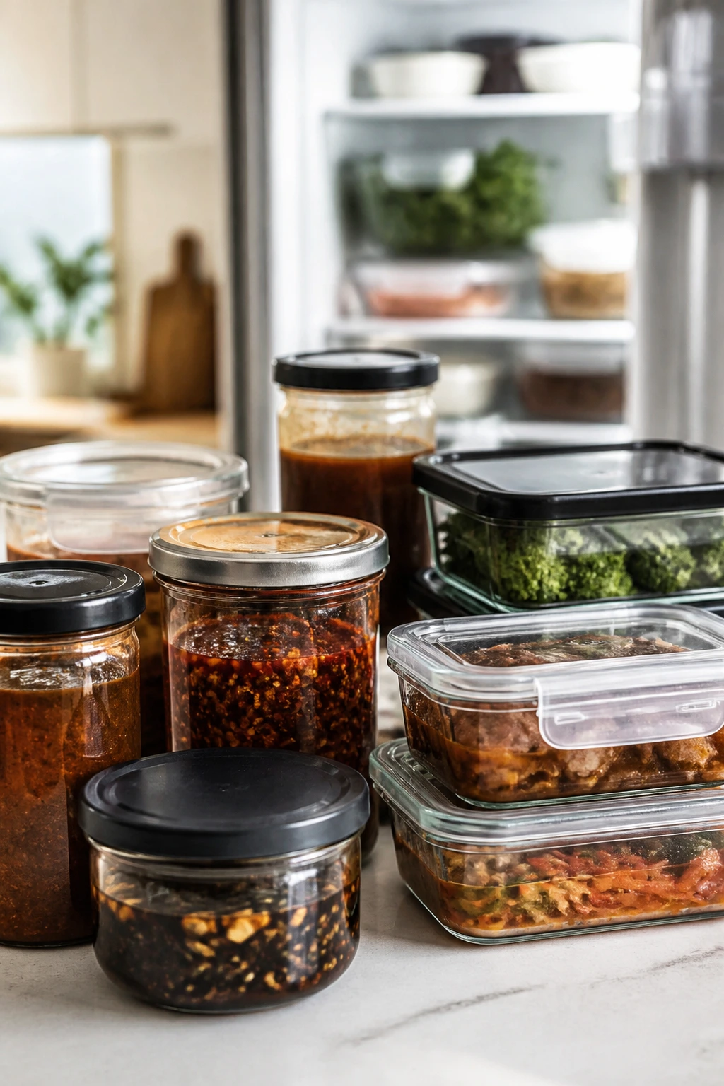 Glass jars and containers for sauces on a kitchen counter