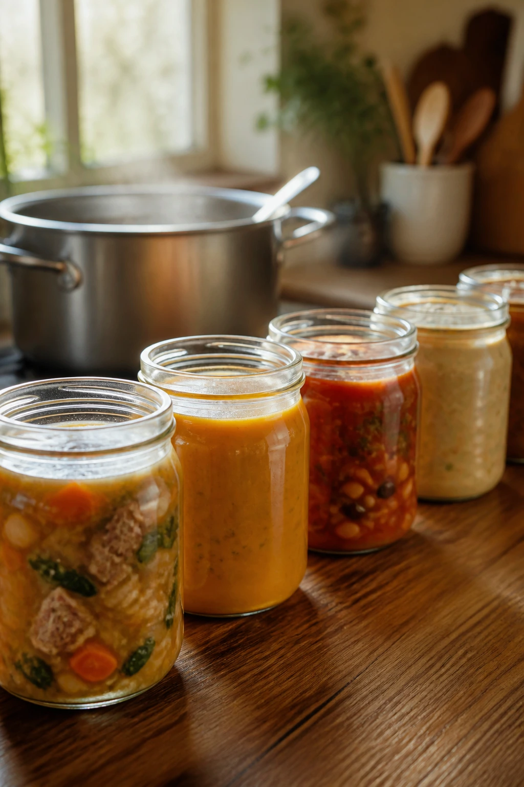 Close-up of glass jars with soup on a wooden counter in a warm kitchen.