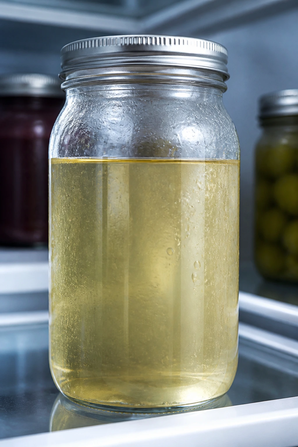 Clear glass jar of bright syrup on a fridge shelf.