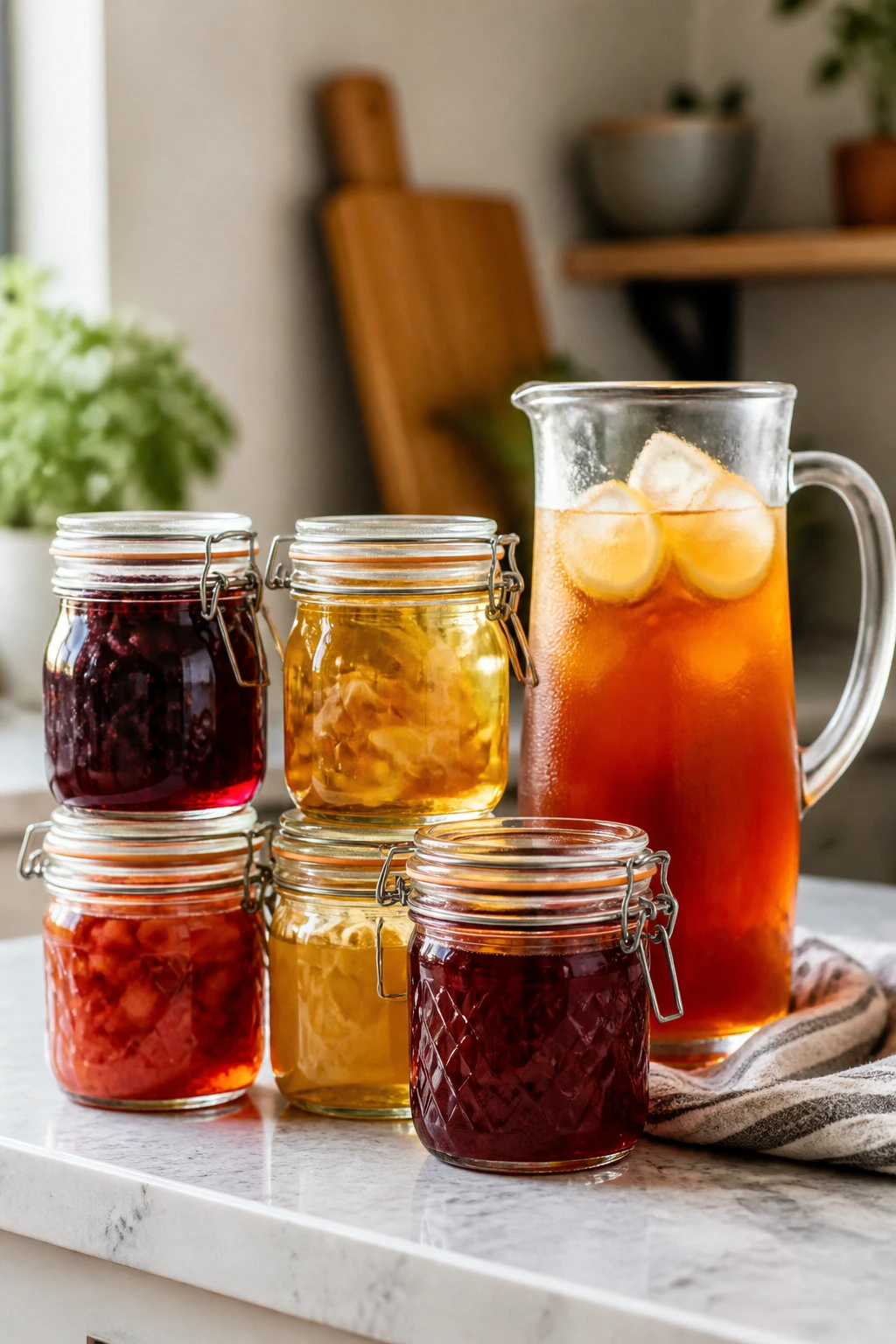 Sealed jars of syrups and tea bases ready for chilling