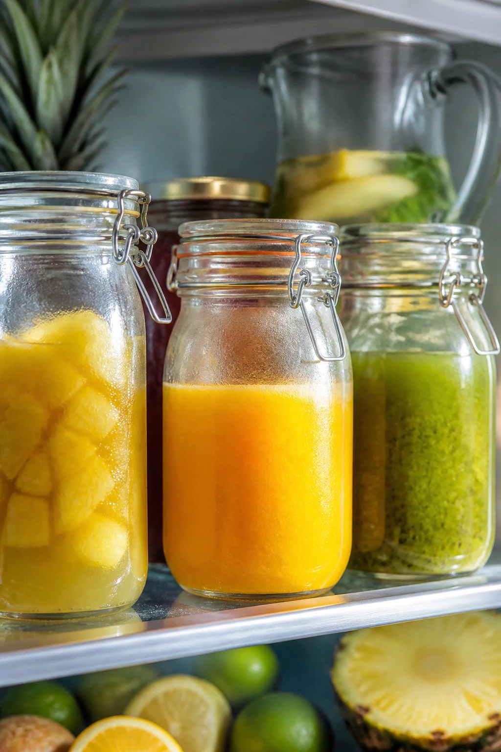 Jars of juice and fruit purée on a kitchen shelf ready for make-ahead drinks.