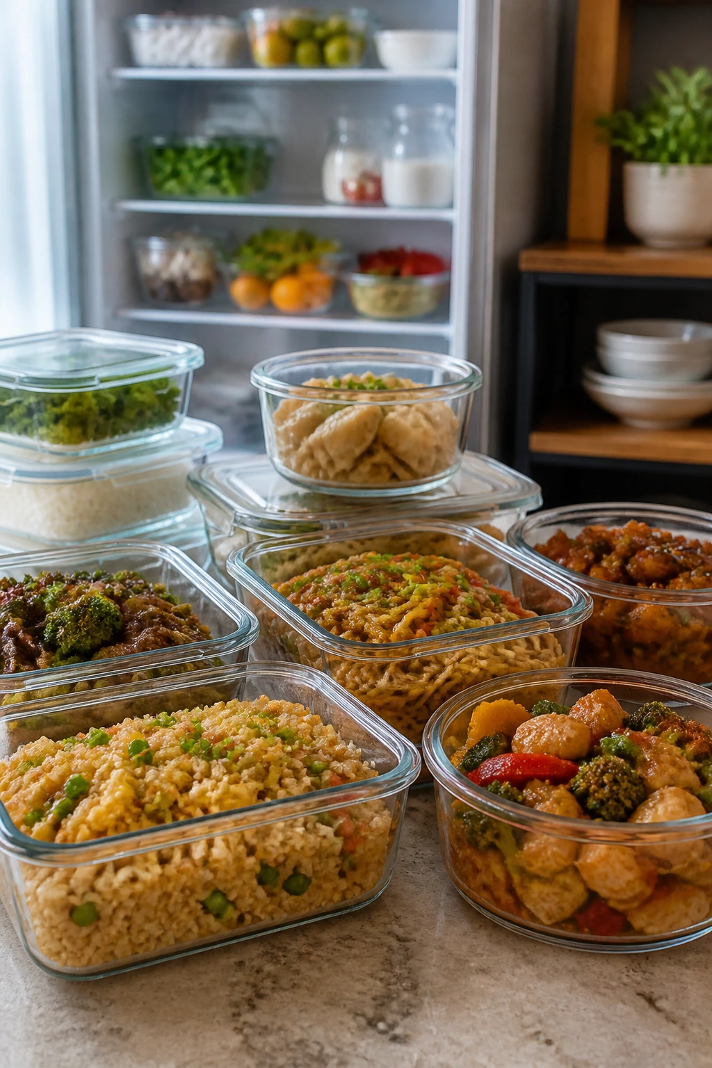 Glass containers with leftovers ready for storage in a kitchen