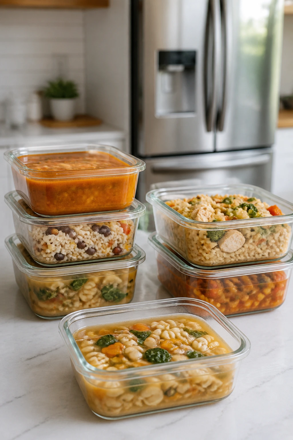Glass storage containers with colorful soups and rice bowls in a kitchen
