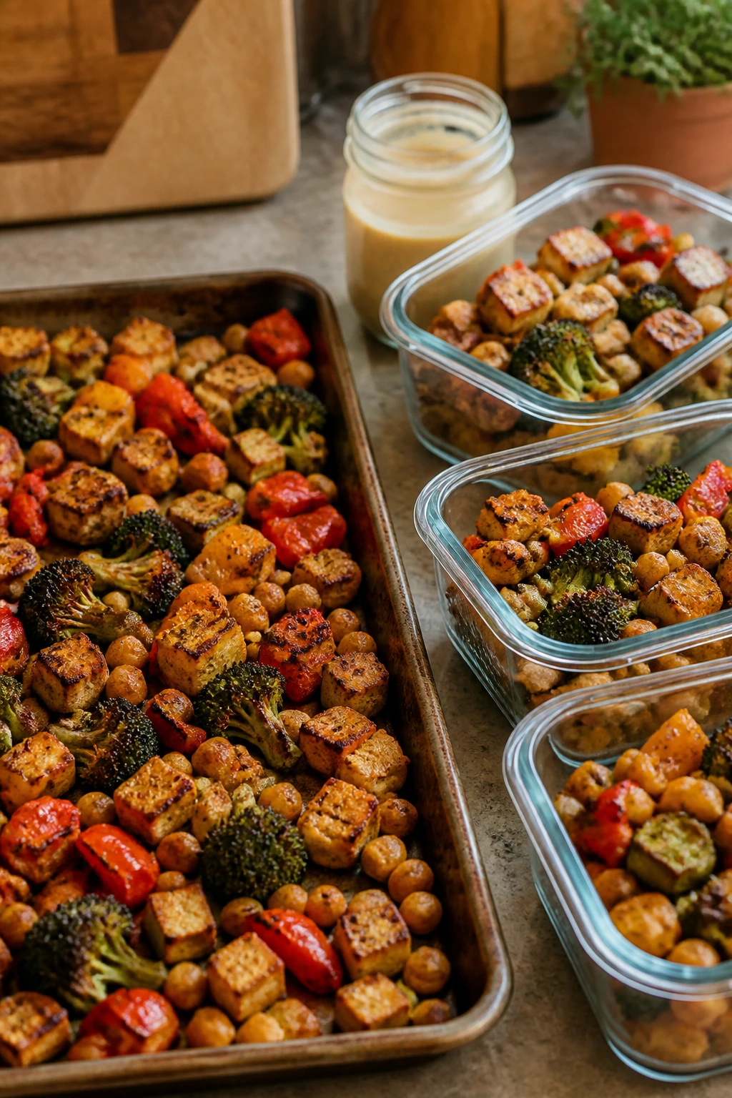 Leftover roasted veggies stored in glass containers in a kitchen