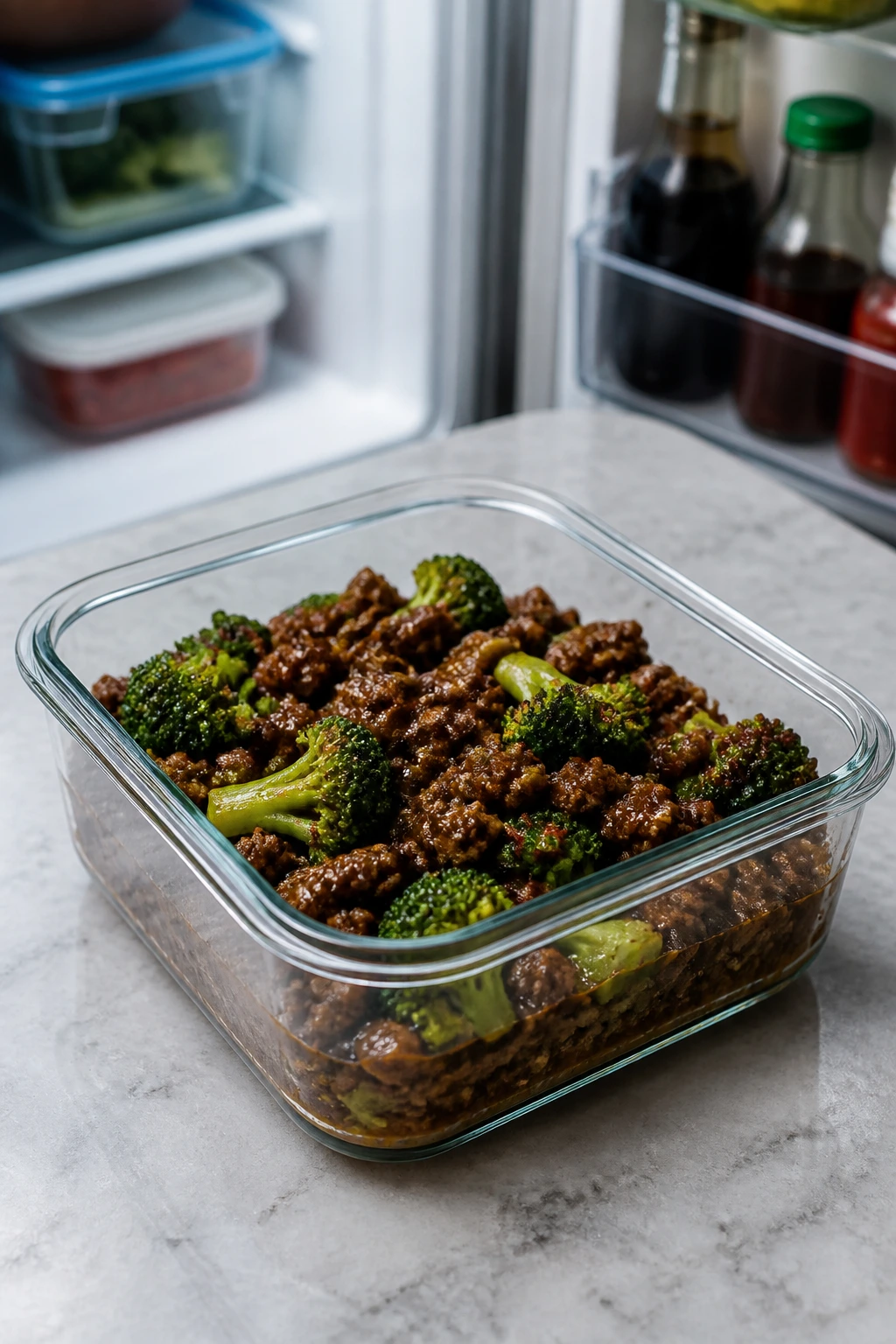 Leftover beef and broccoli in a storage container