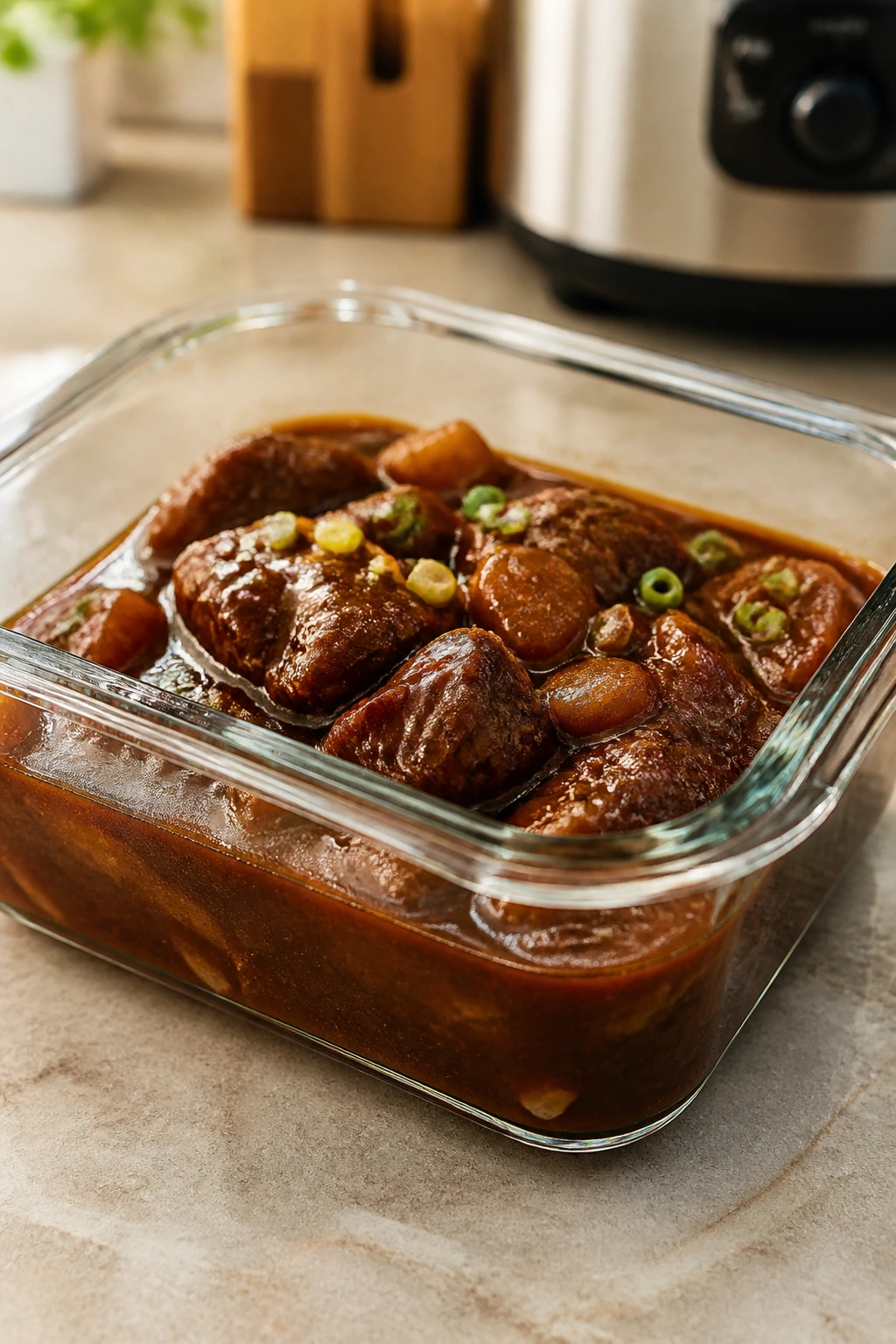 Airtight glass storage container with braised meat in sauce on a kitchen counter.
