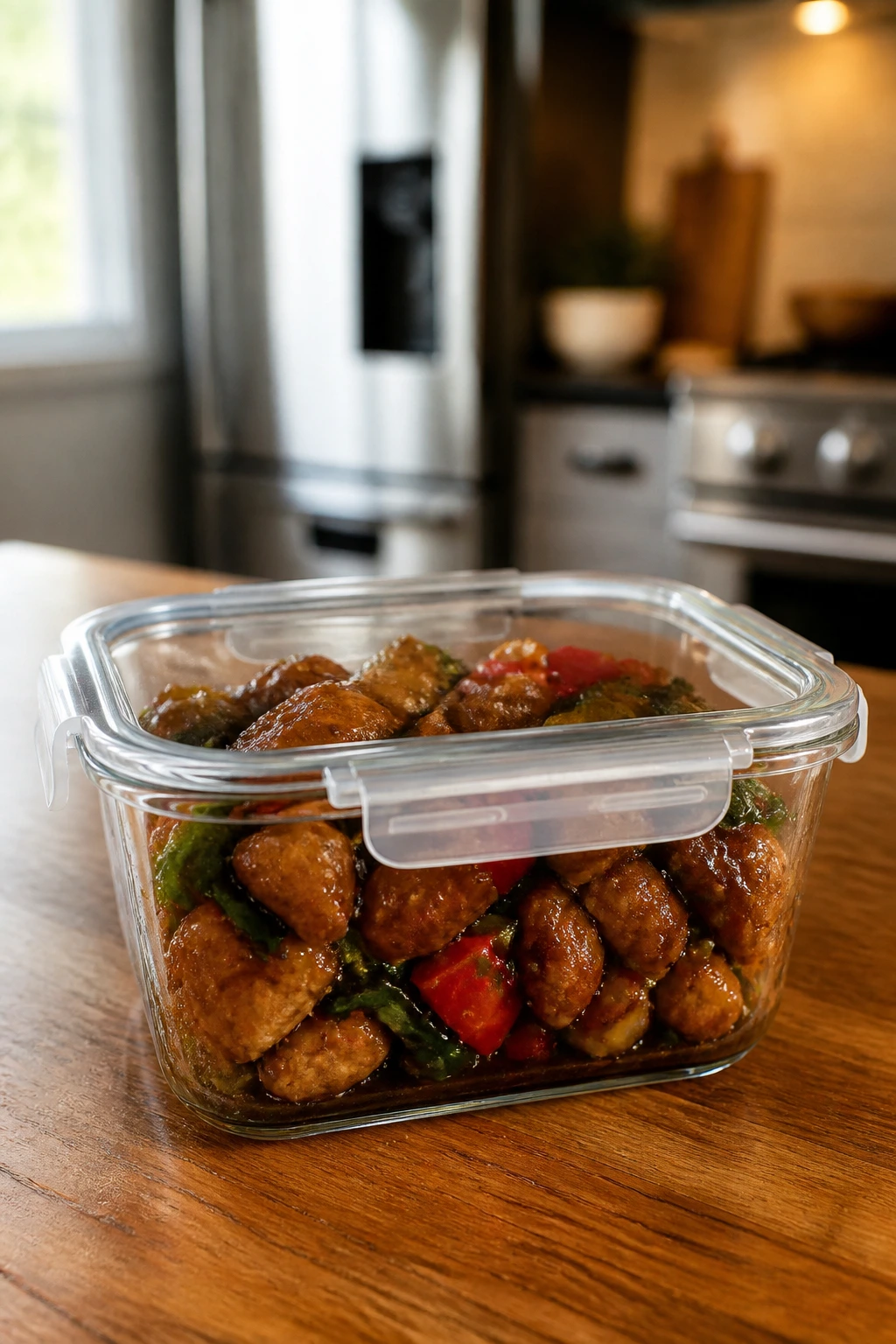 Close-up of a glass storage container with braised chicken, emphasizing make-ahead storage.